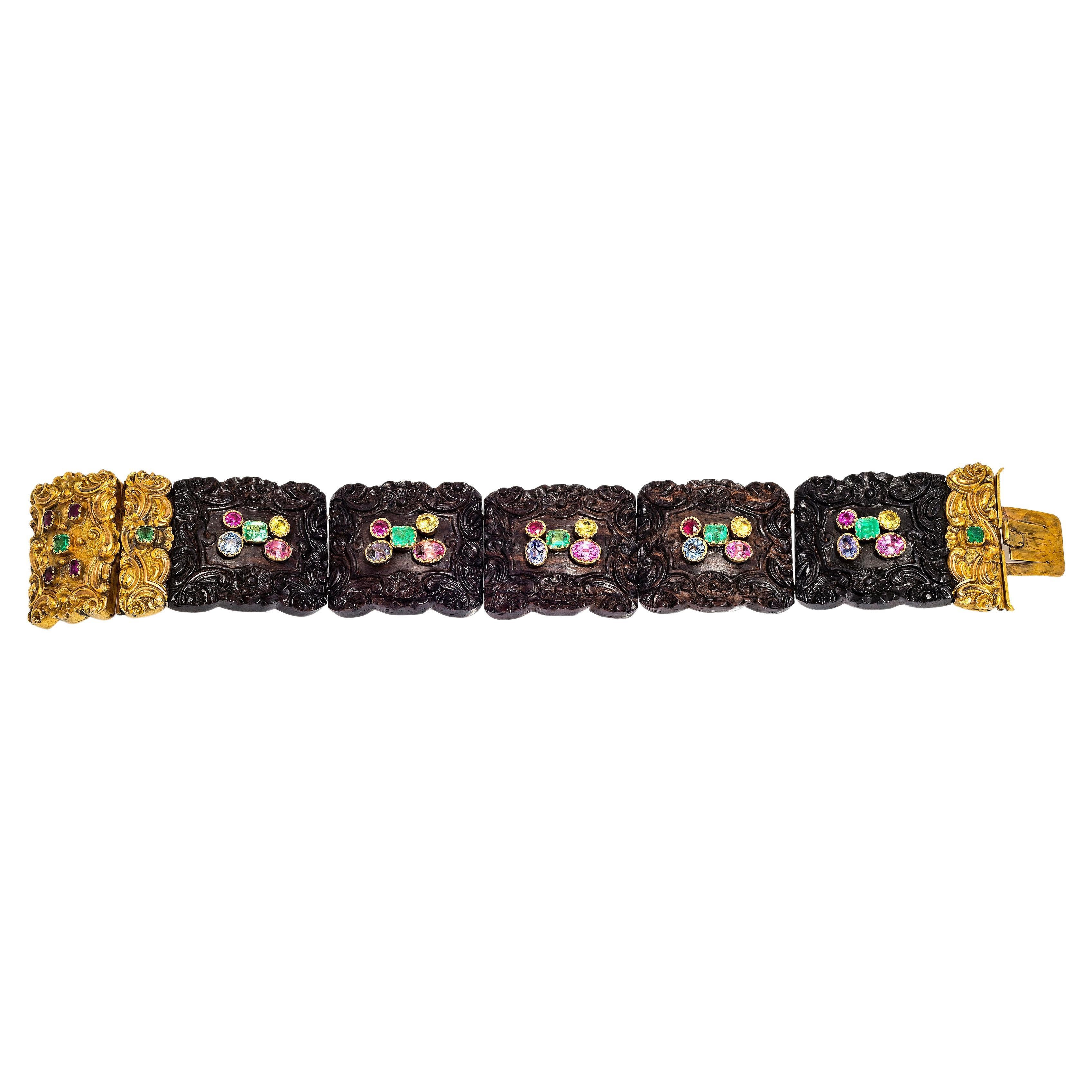 Antikes georgianisches Gliederarmband mit 15 Karat Gold, Holz, Rubin, Smaragd, Topas und Saphir