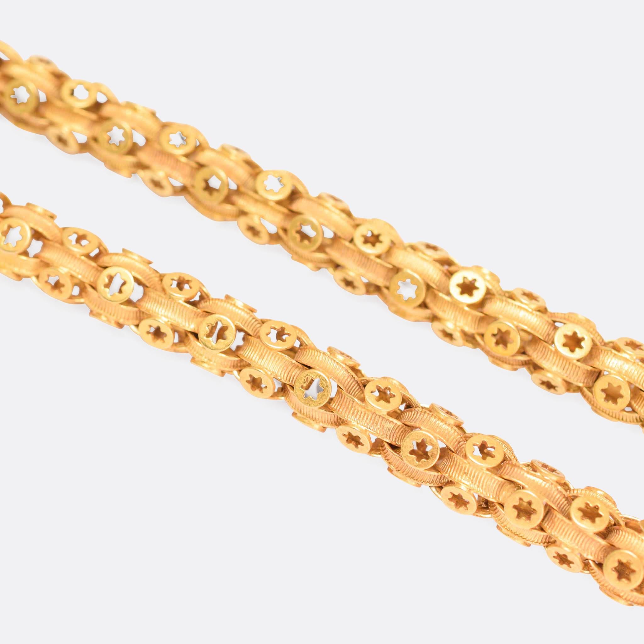 THE most incredible Georgian star-link chain. Crafted from 15 karat gold throughout, it was made in the early 19th Century, circa 1820, and remains in excellent condition. It's a substantial piece; the weight is 38 grams, and the width of the links