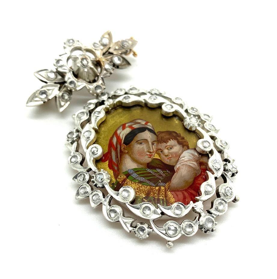 Antike georgianische 1,5 Karat Diamant-Porträtbrosche Jungfrau Maria und Jesus (Georgian) im Angebot