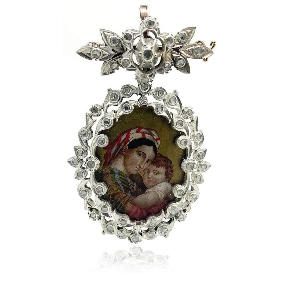 Antike georgianische 1,5 Karat Diamant-Porträtbrosche Jungfrau Maria und Jesus im Angebot 3
