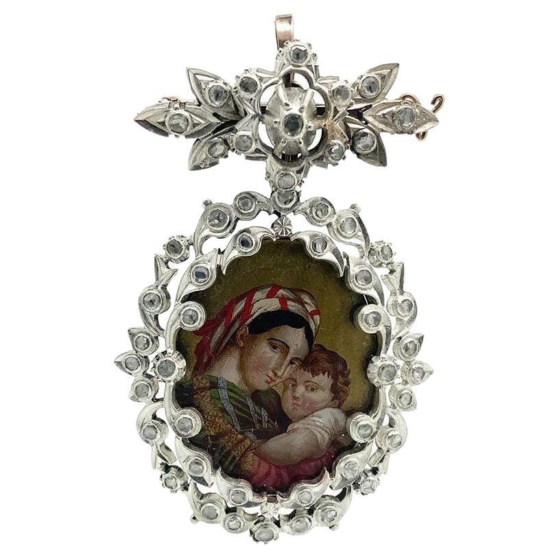Antike georgianische 1,5 Karat Diamant-Porträtbrosche Jungfrau Maria und Jesus im Angebot