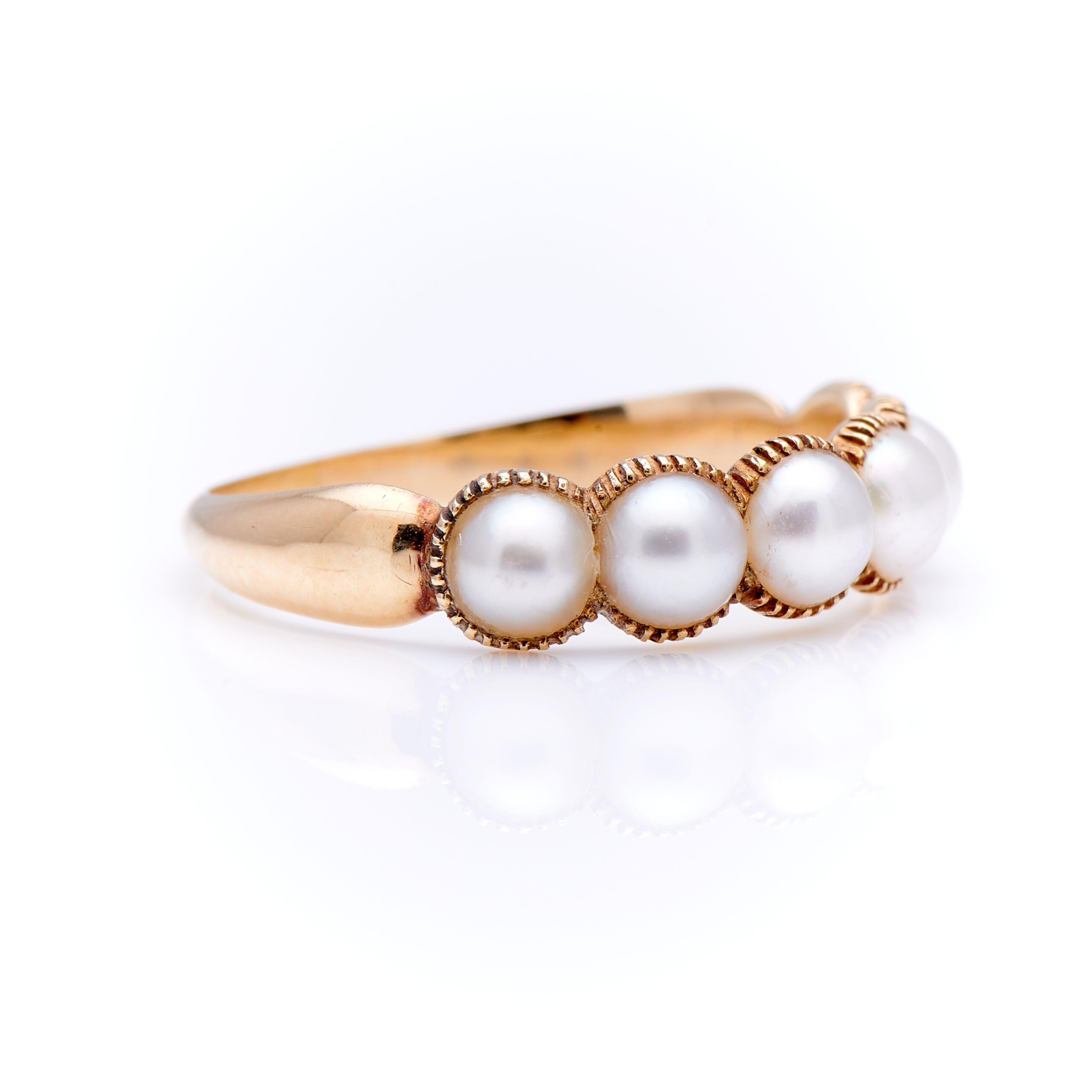 Georgian, natural pearl ring, circa 1810. A very pretty pearl half hoop ring, set with six lustrous spilt pearls in a crimped plain gold band. The pearls are all beautifully matched and original. It is rare to find this type of ring in such amazing