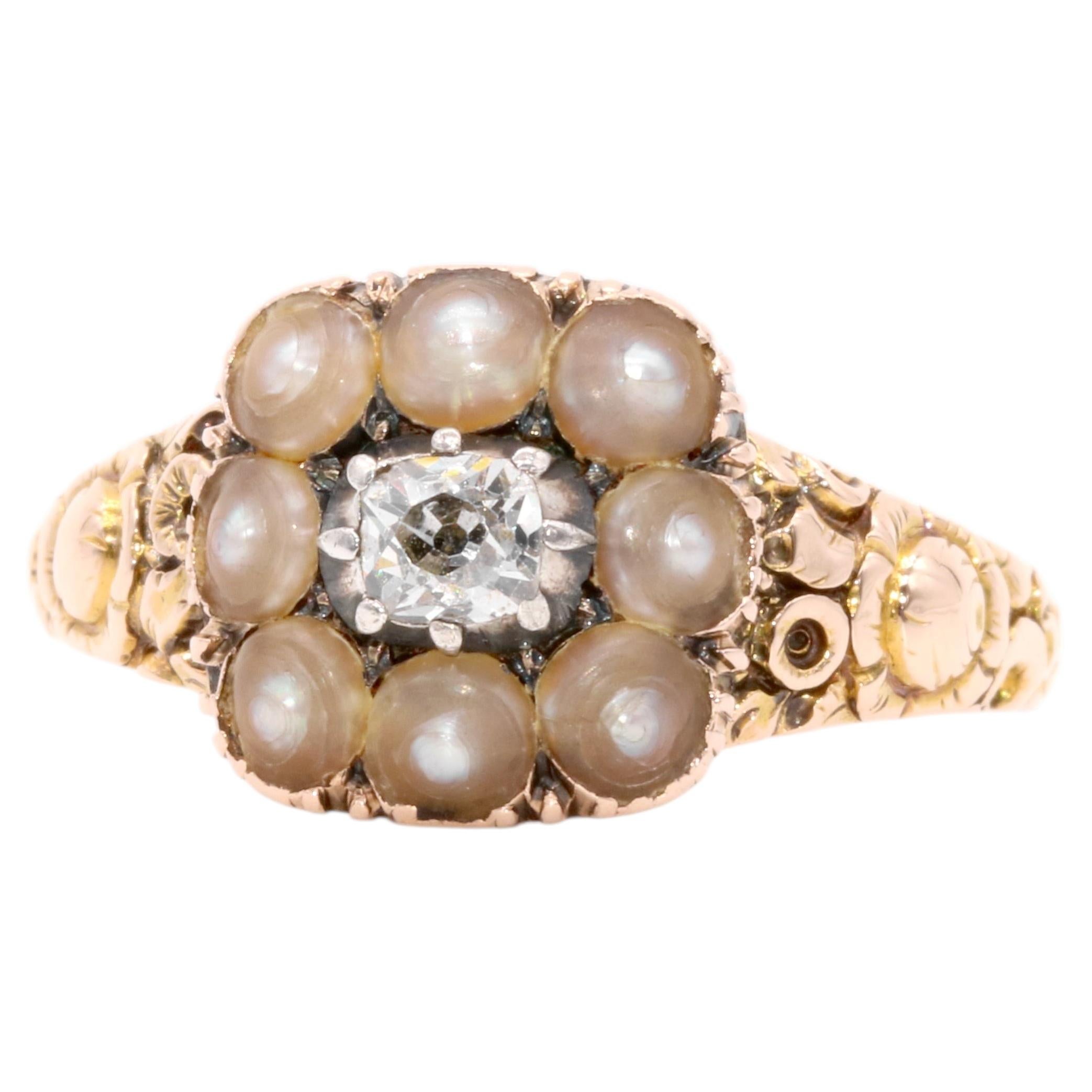 Antiker georgischer 15K Gelbgold Diamant und Perlen Cluster Trauerring