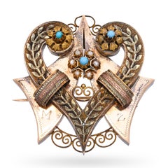 Antique Georgian 15k Yellow Gold Turquoise and Pearl Heart Brooch