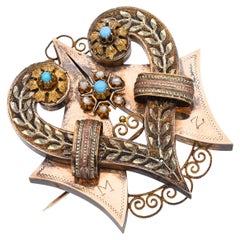 Antique Georgian 15k Yellow Gold Turquoise and Pearl Heart Brooch