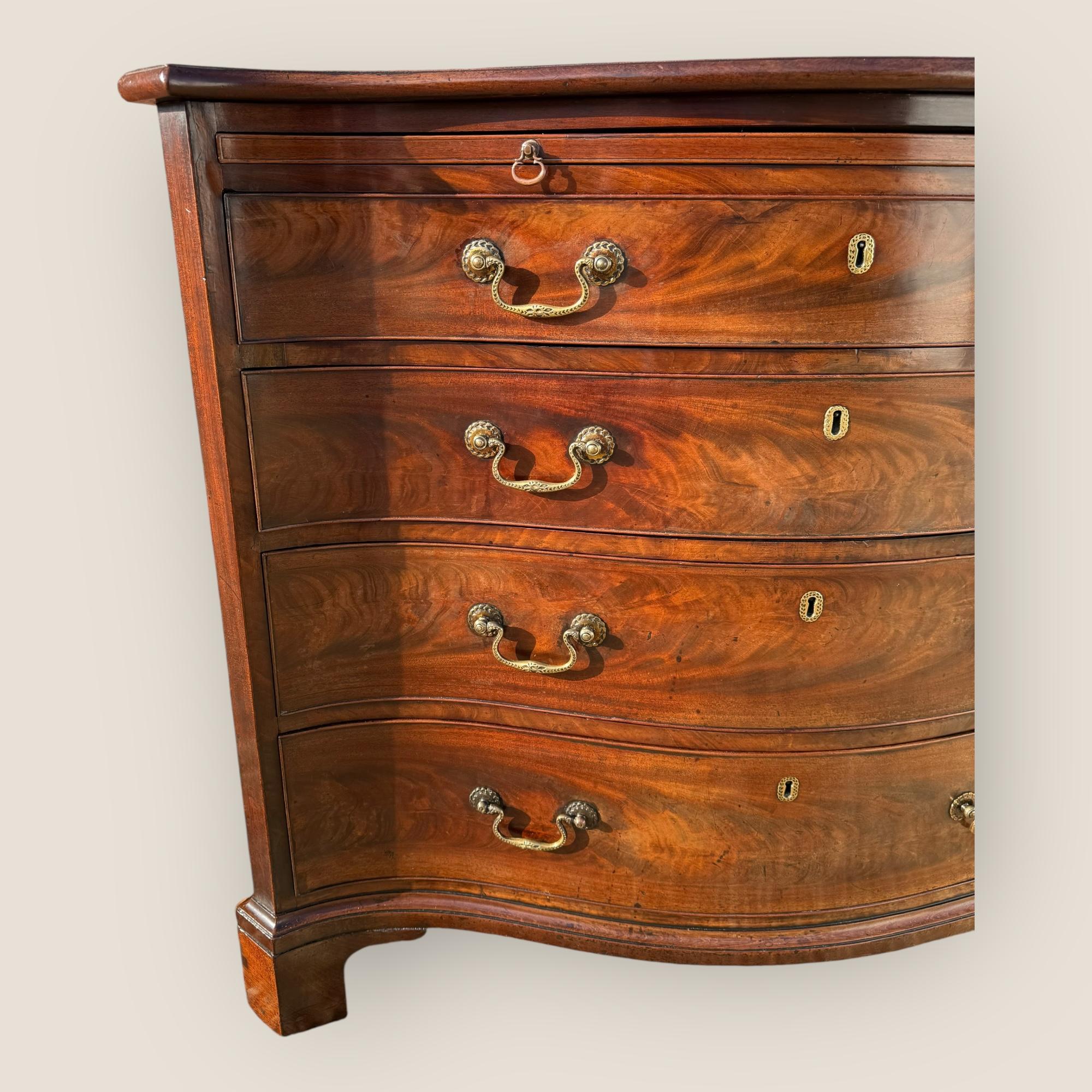 18th Century and Earlier Antique Georgian 1760 Mahogany Serpentine Chest of Drawers Writing Brush & Slide For Sale