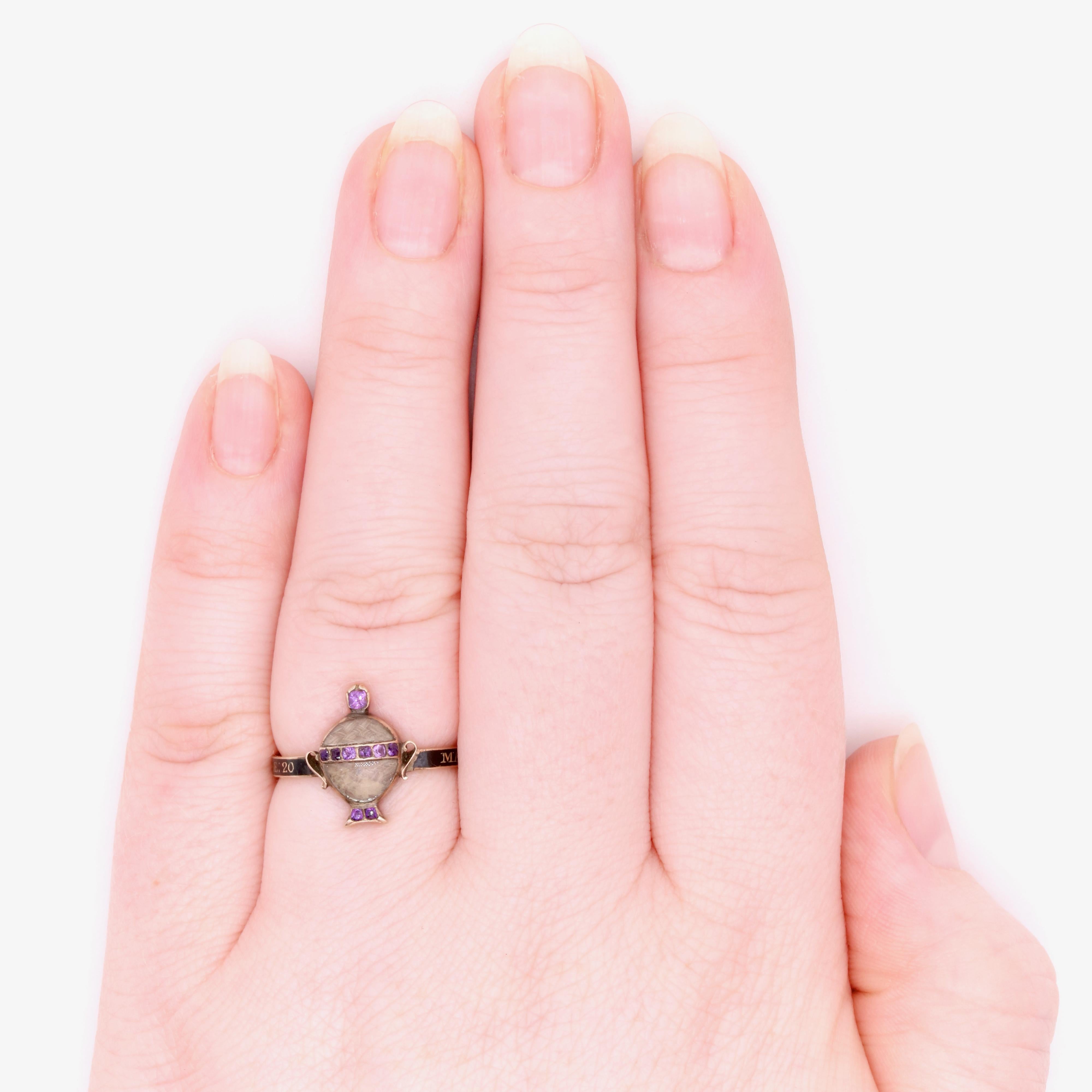 Antique Georgian 1771 22K Yellow Gold Black Enamel Amethyst Hairwork Urn Ring For Sale 5