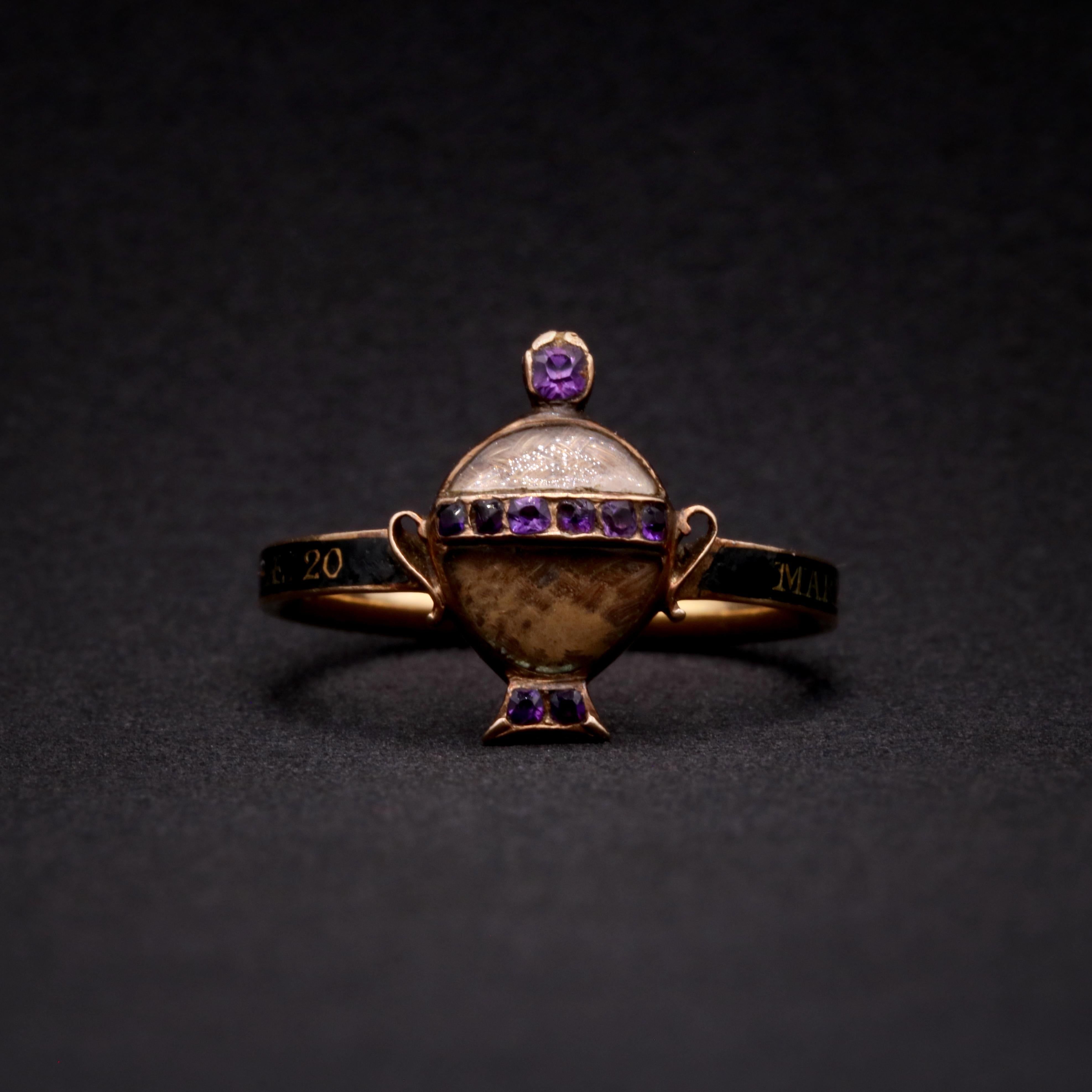 Antique Cushion Cut Antique Georgian 1771 22K Yellow Gold Black Enamel Amethyst Hairwork Urn Ring For Sale