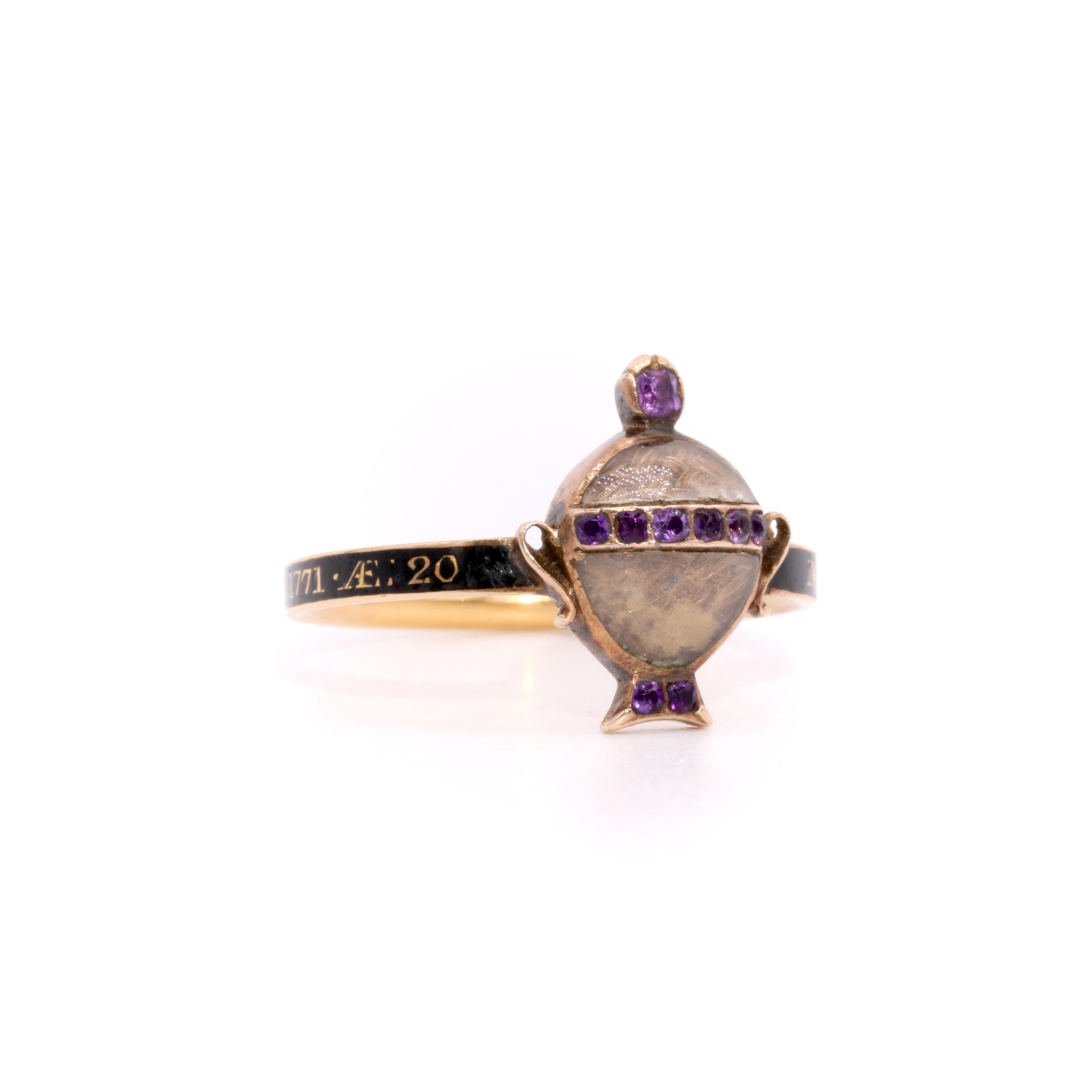 Antique Georgian 1771 22K Yellow Gold Black Enamel Amethyst Hairwork Urn Ring In Fair Condition For Sale In Staines-Upon-Thames, GB