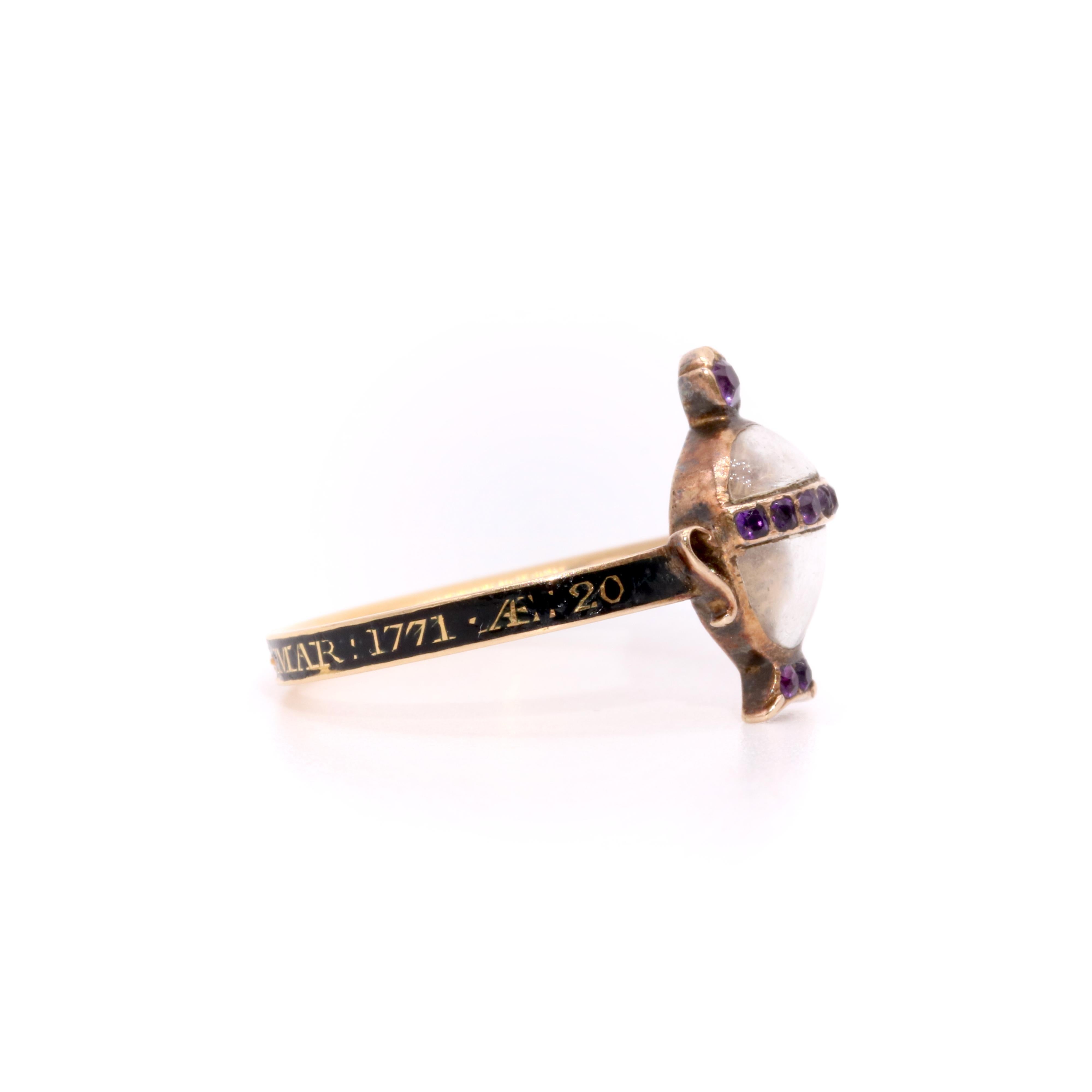 Women's or Men's Antique Georgian 1771 22K Yellow Gold Black Enamel Amethyst Hairwork Urn Ring For Sale