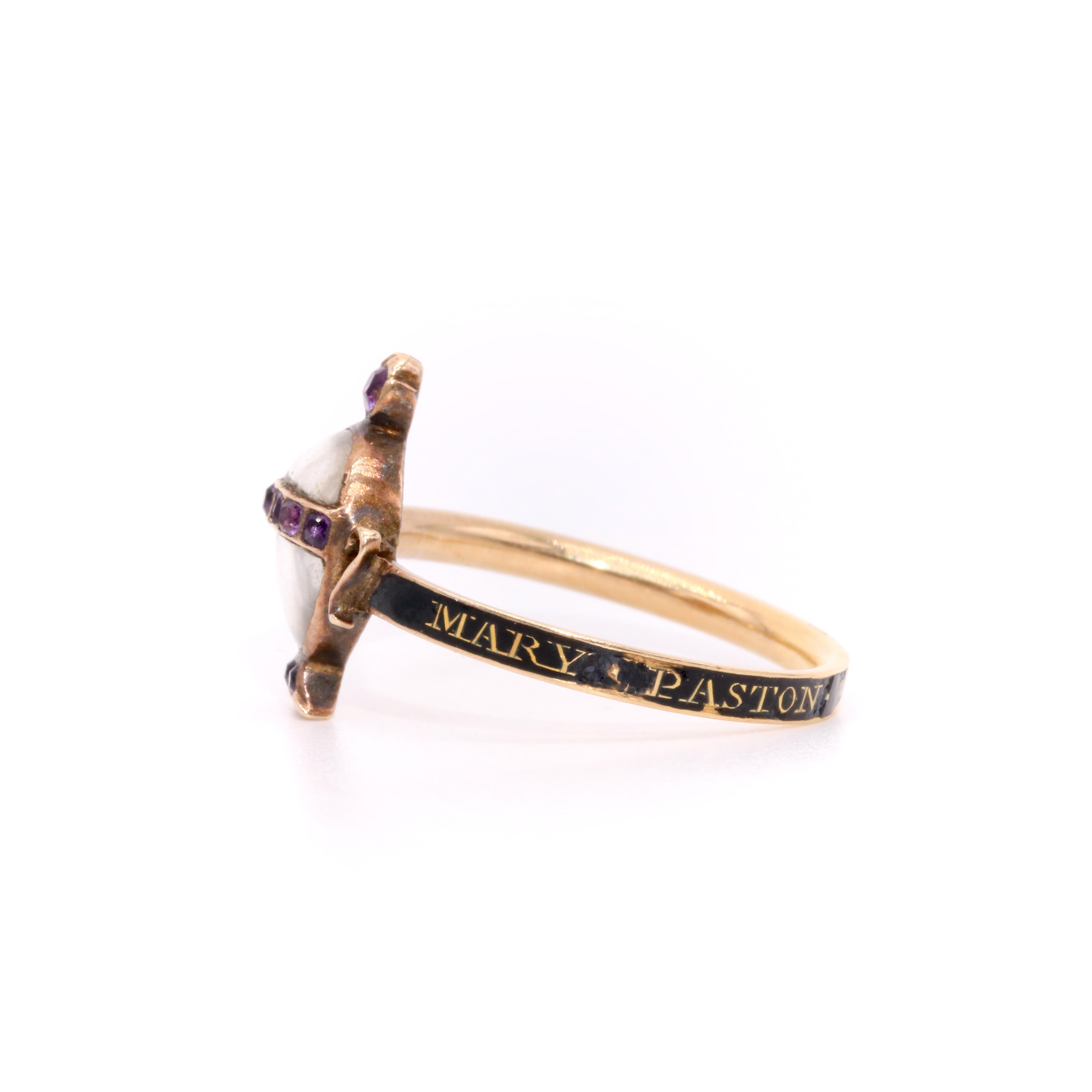Antique Georgian 1771 22K Yellow Gold Black Enamel Amethyst Hairwork Urn Ring For Sale 2