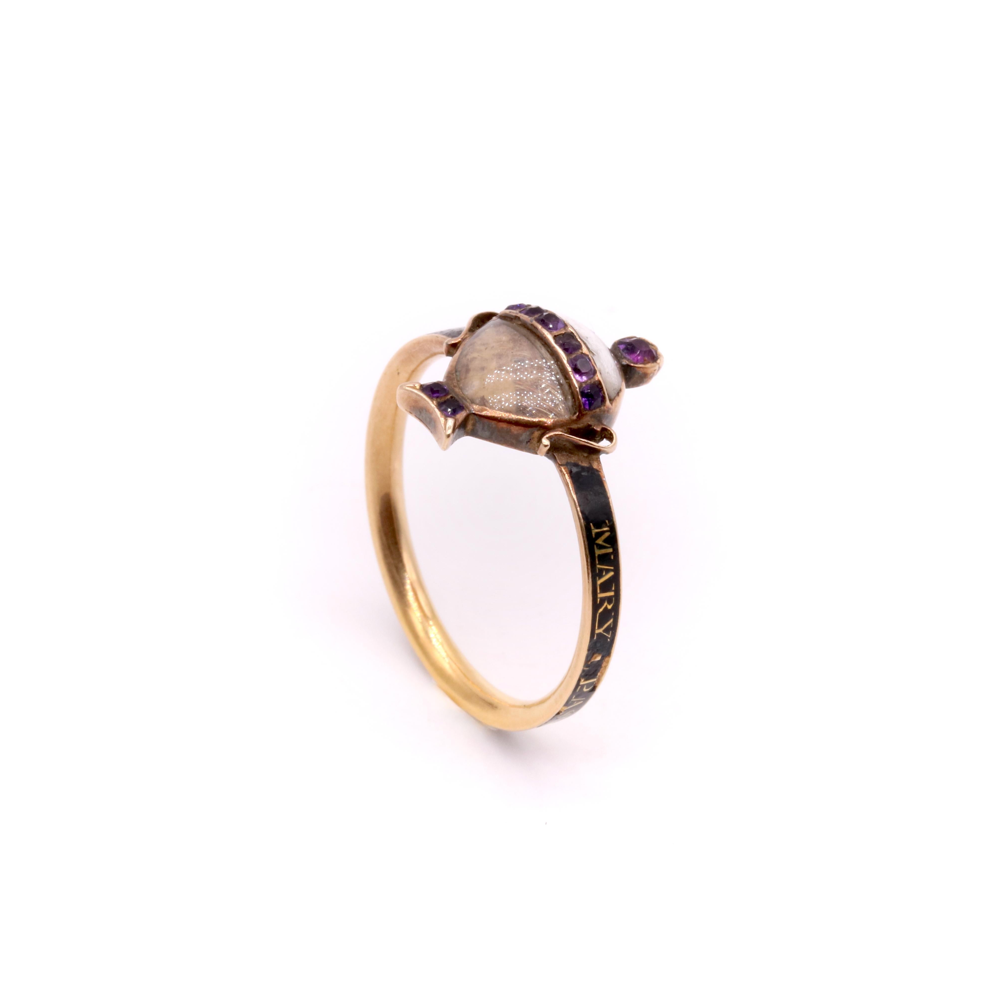 Antique Georgian 1771 22K Yellow Gold Black Enamel Amethyst Hairwork Urn Ring For Sale 3