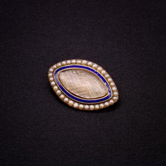 Antique Georgian 1780s 14K Yellow Gold Pearl and Enamel Hairwork Mourning Brooch