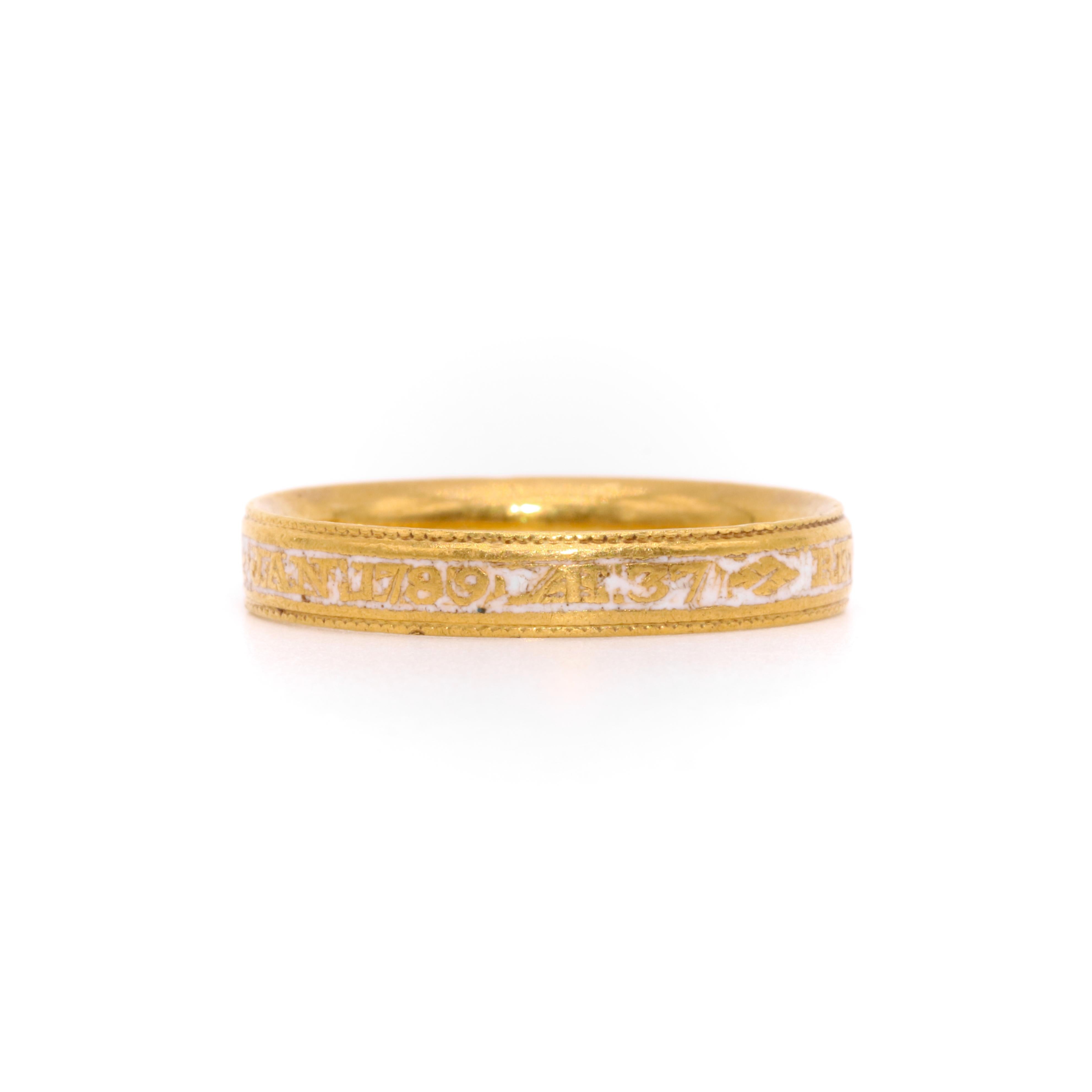 Women's or Men's Antique Georgian 1789 22K Yellow Gold White Enamel Mourning Ring For Sale