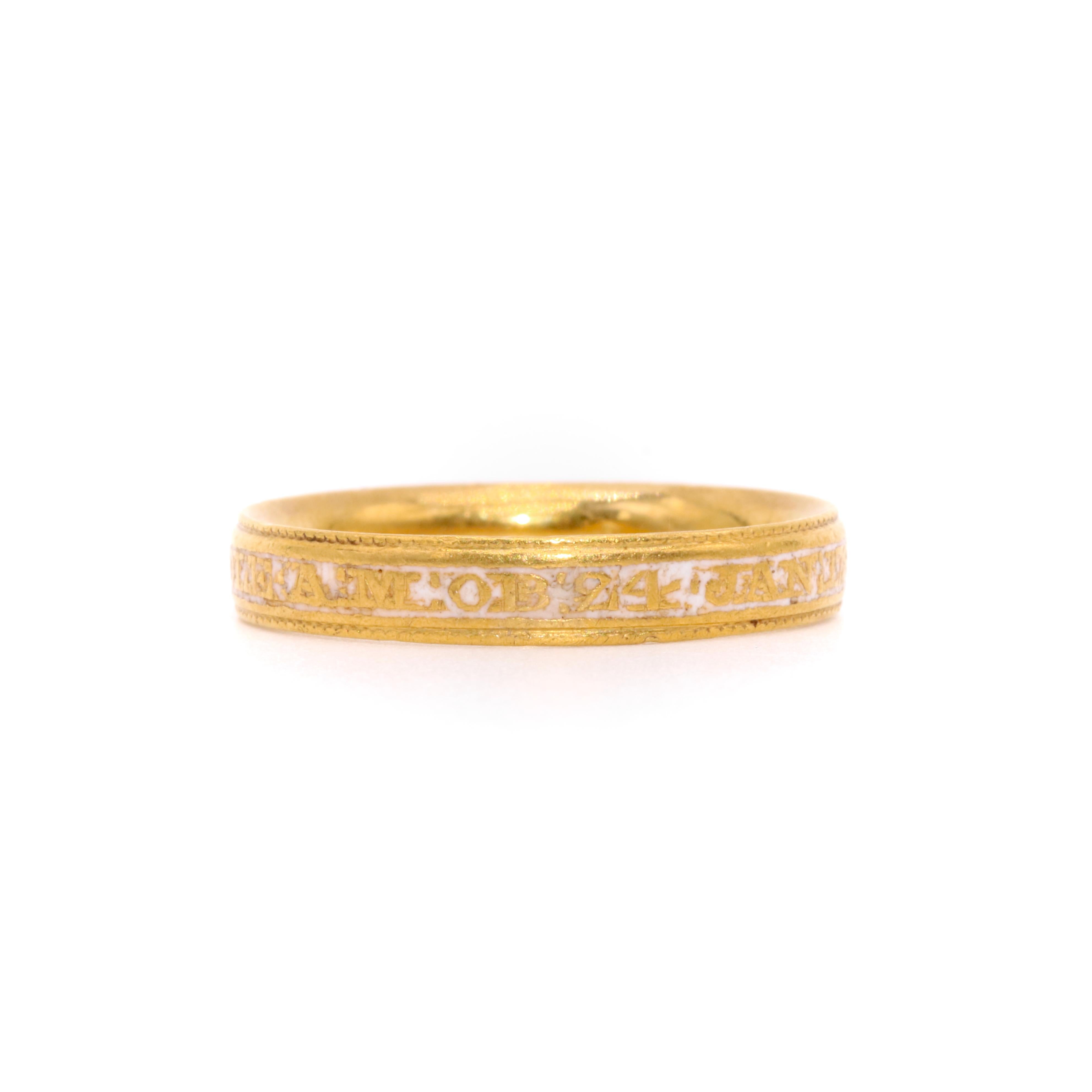 Antique Georgian 1789 22K Yellow Gold White Enamel Mourning Ring For Sale 1