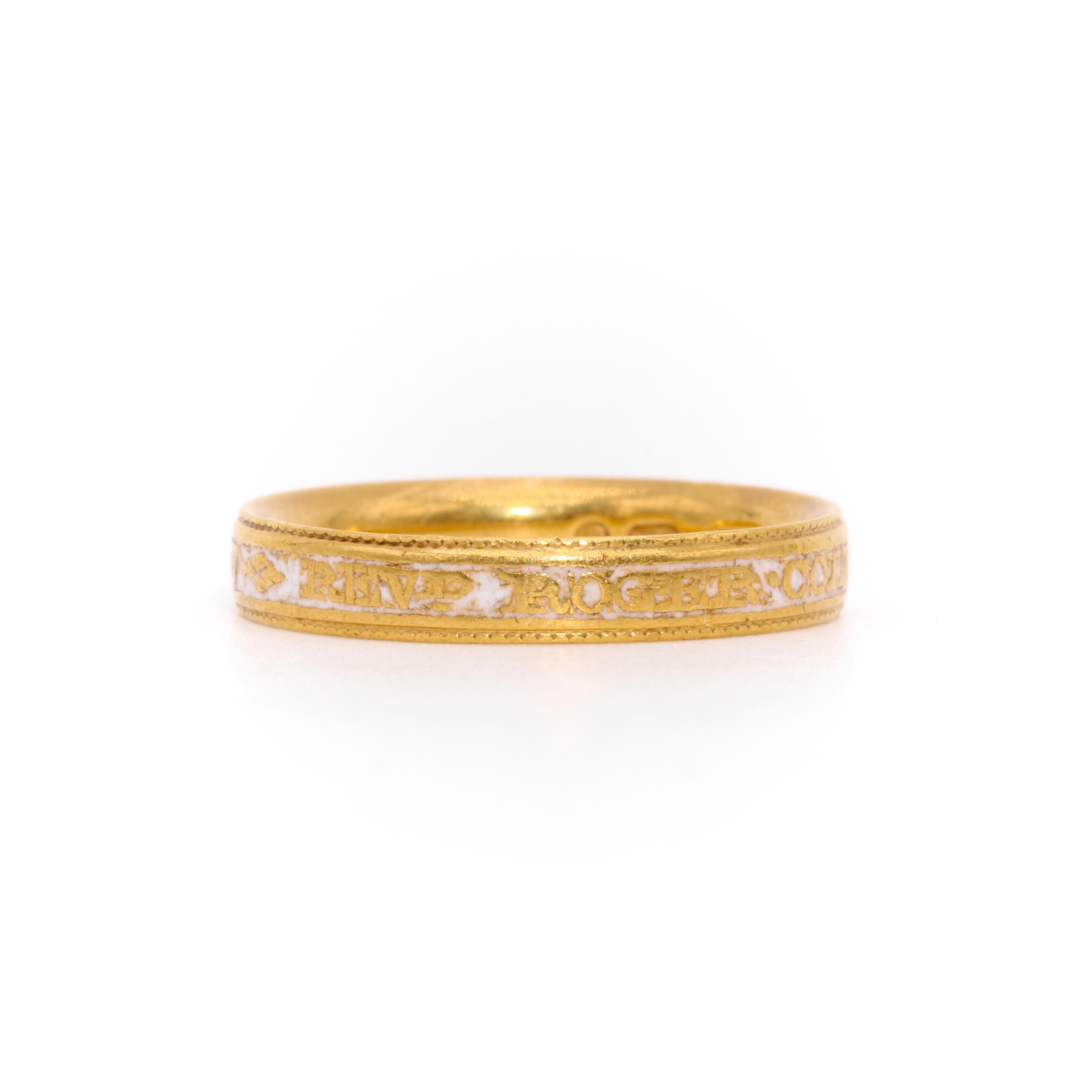 Antique Georgian 1789 22K Yellow Gold White Enamel Mourning Ring For Sale 3