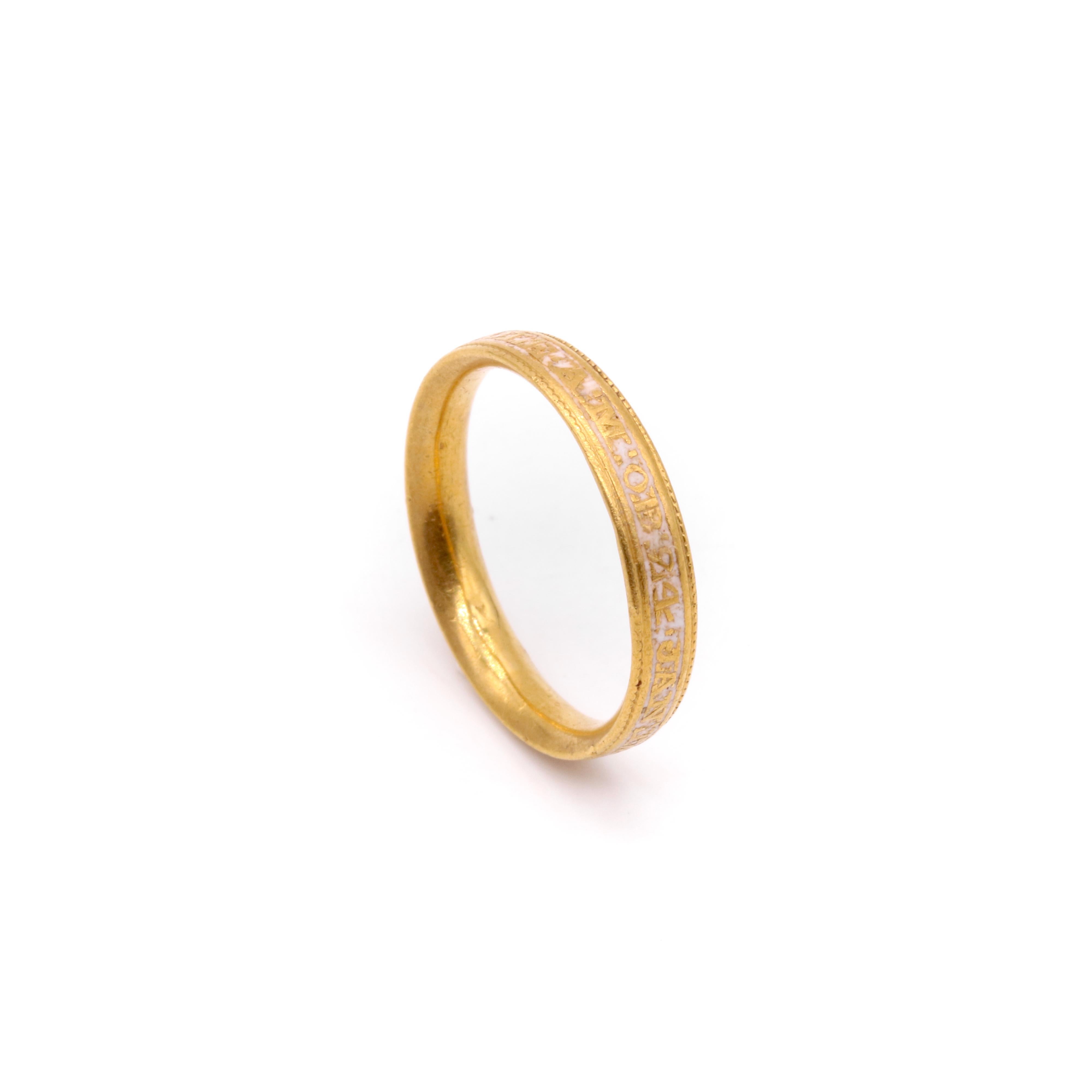 Antique Georgian 1789 22K Yellow Gold White Enamel Mourning Ring For Sale 4