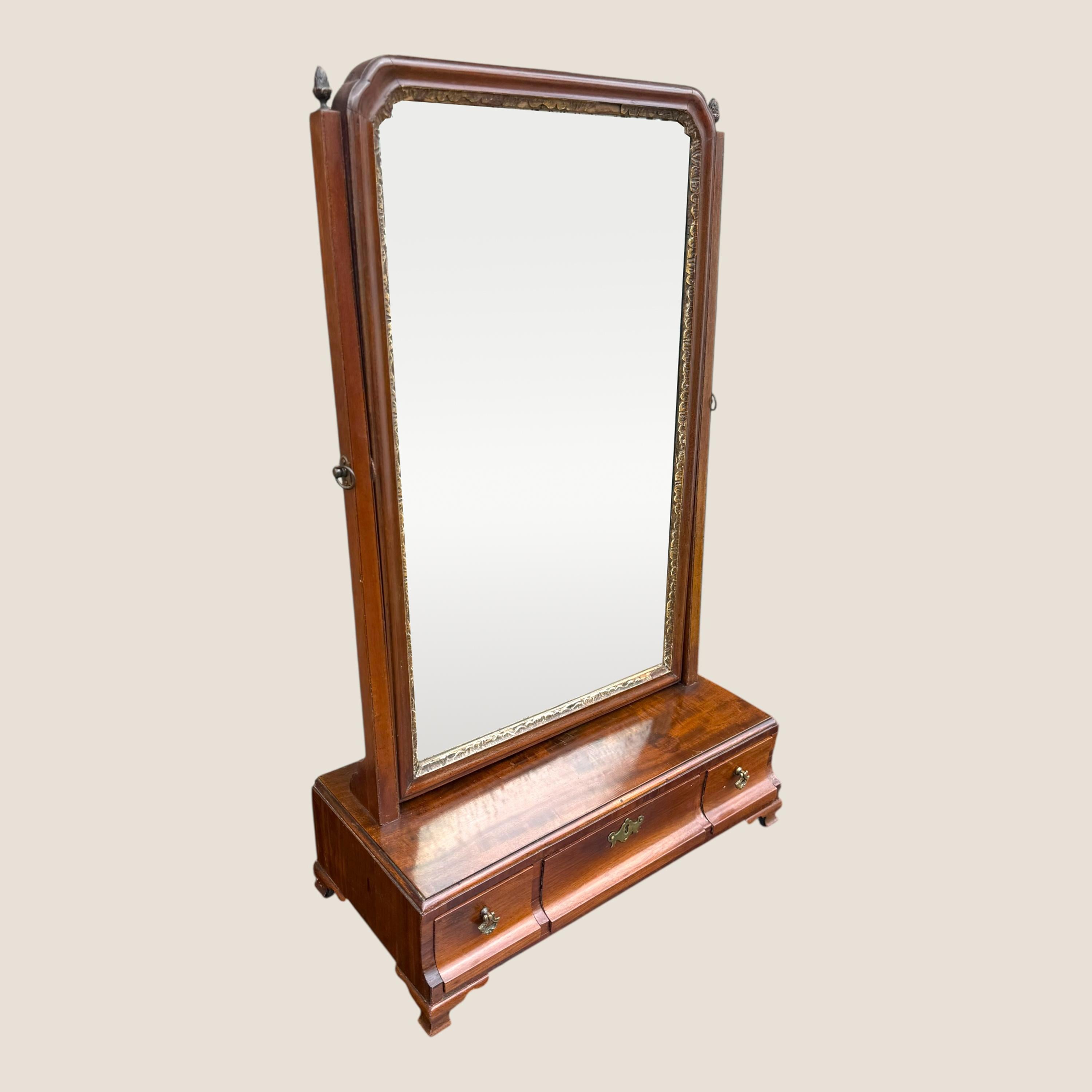 Carved Antique Georgian 1790 Mahogany & Gilt Dressing Table Mirror with Brass Handles For Sale