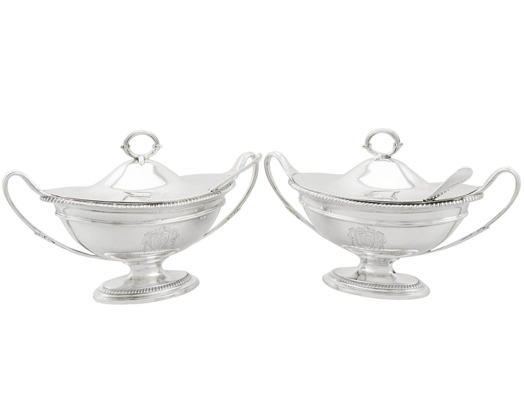 A exceptional, fine and impressive pair of antique George III English sterling silver sauce tureens with ladles; an addition to our Georgian silverware collection

These exceptional antique George III sterling silver sauce tureens have a plain