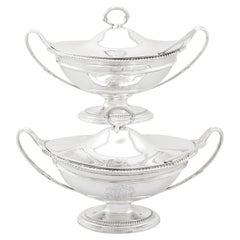 Antique Georgian 1790s Sterling Silver Sauce Tureens with Ladles