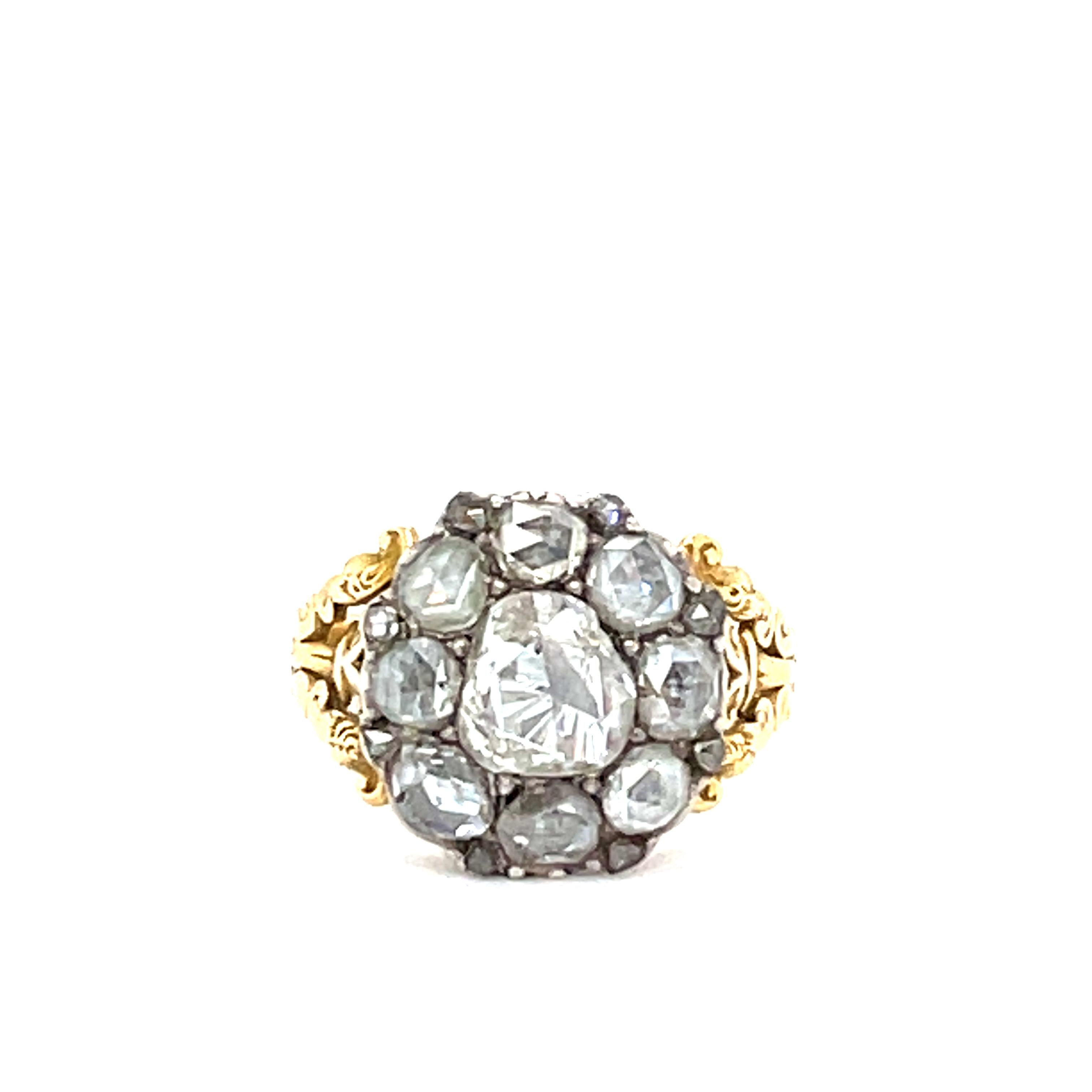 Antique Georgian 18 Karat Gold Rosecut Diamond Cluster Ring In Good Condition In New York, NY