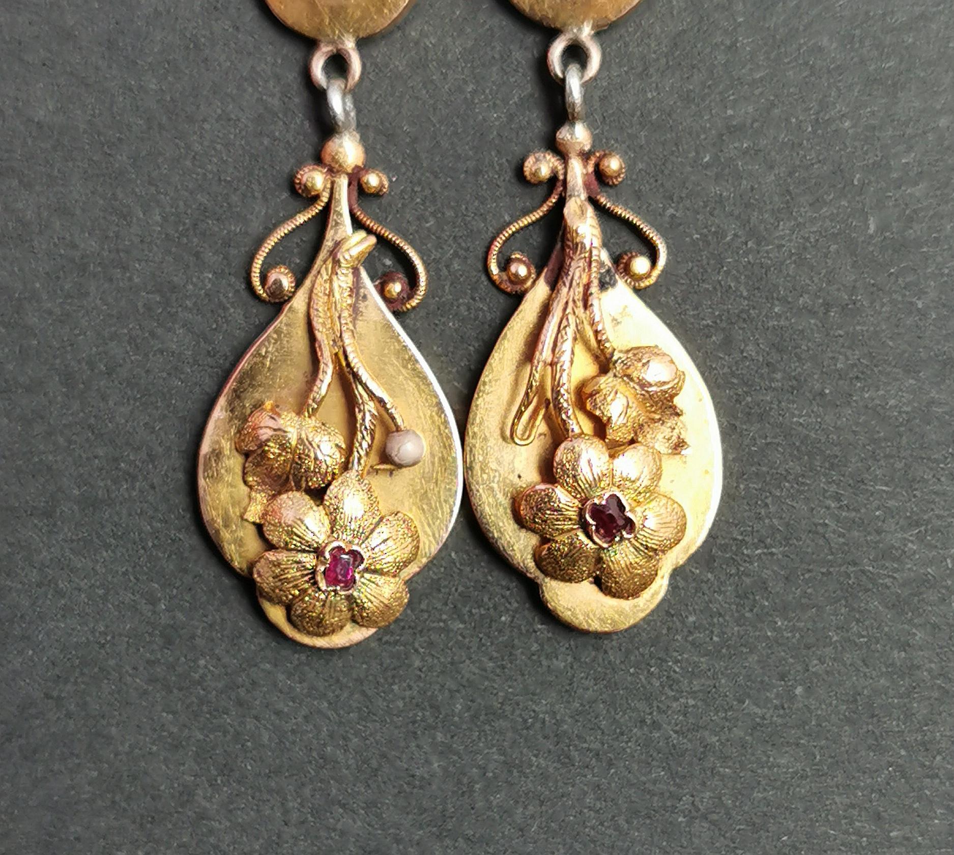 Antique Georgian 18 Karat Yellow Gold Drop Earrings, Ruby, Floral  6