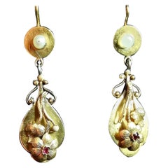 Antique Georgian 18 Karat Yellow Gold Drop Earrings, Ruby, Floral