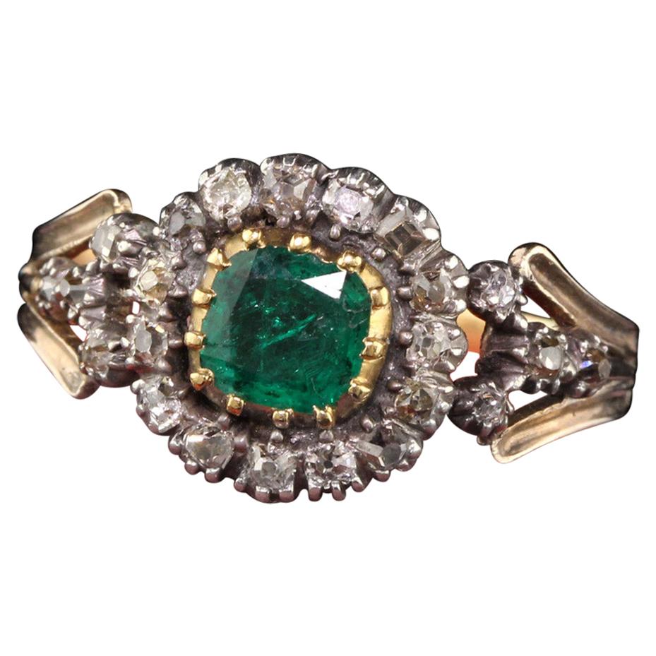 Antique Georgian 18 Karat Yellow Gold Rose Cut Diamond and Emerald Ring