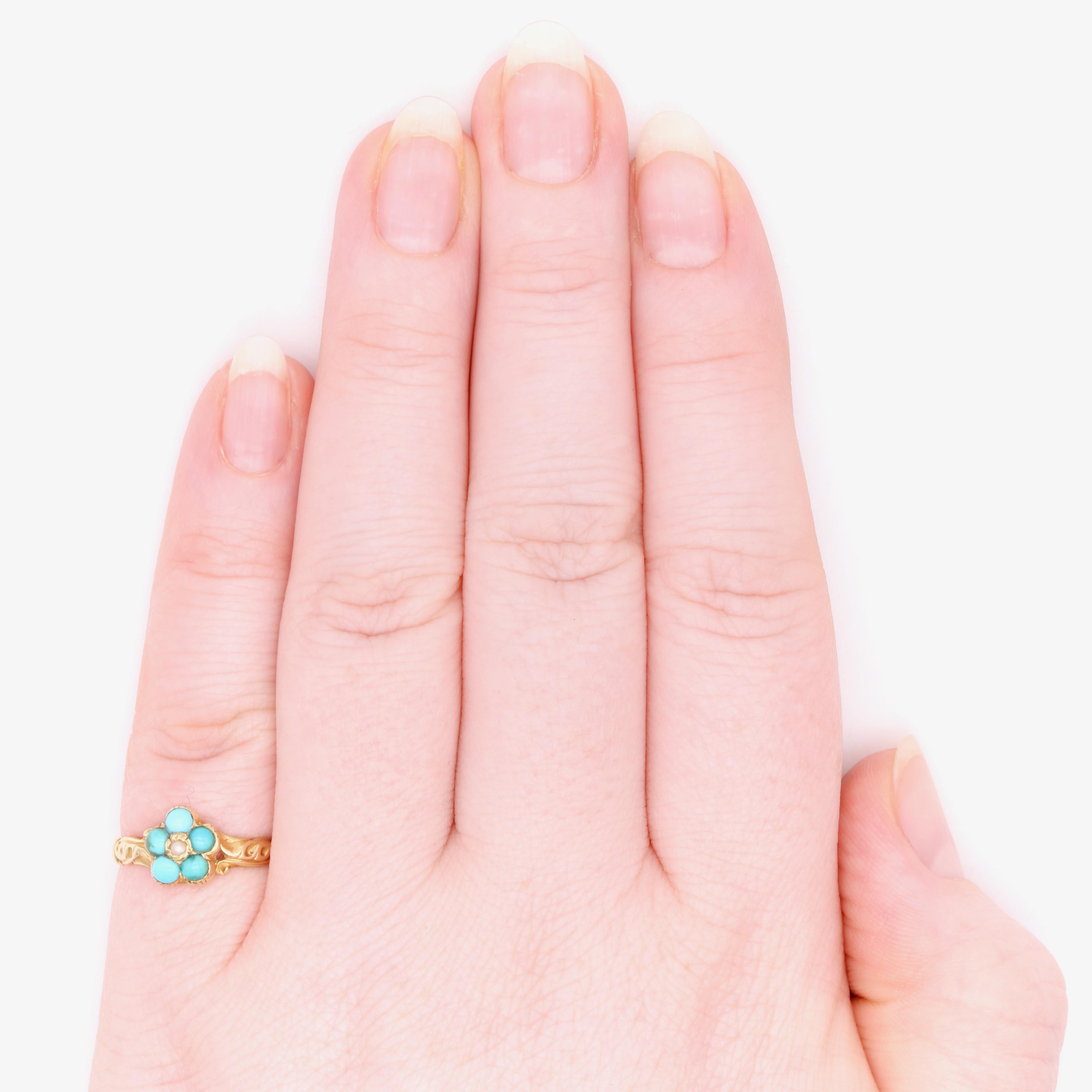 Antique Georgian 1830s 18K Yellow Gold Turquoise and Pearl Pansy Locket Ring For Sale 5