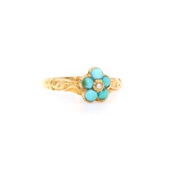 Antique Georgian 1830s 18K Yellow Gold Turquoise and Pearl Pansy Locket Ring