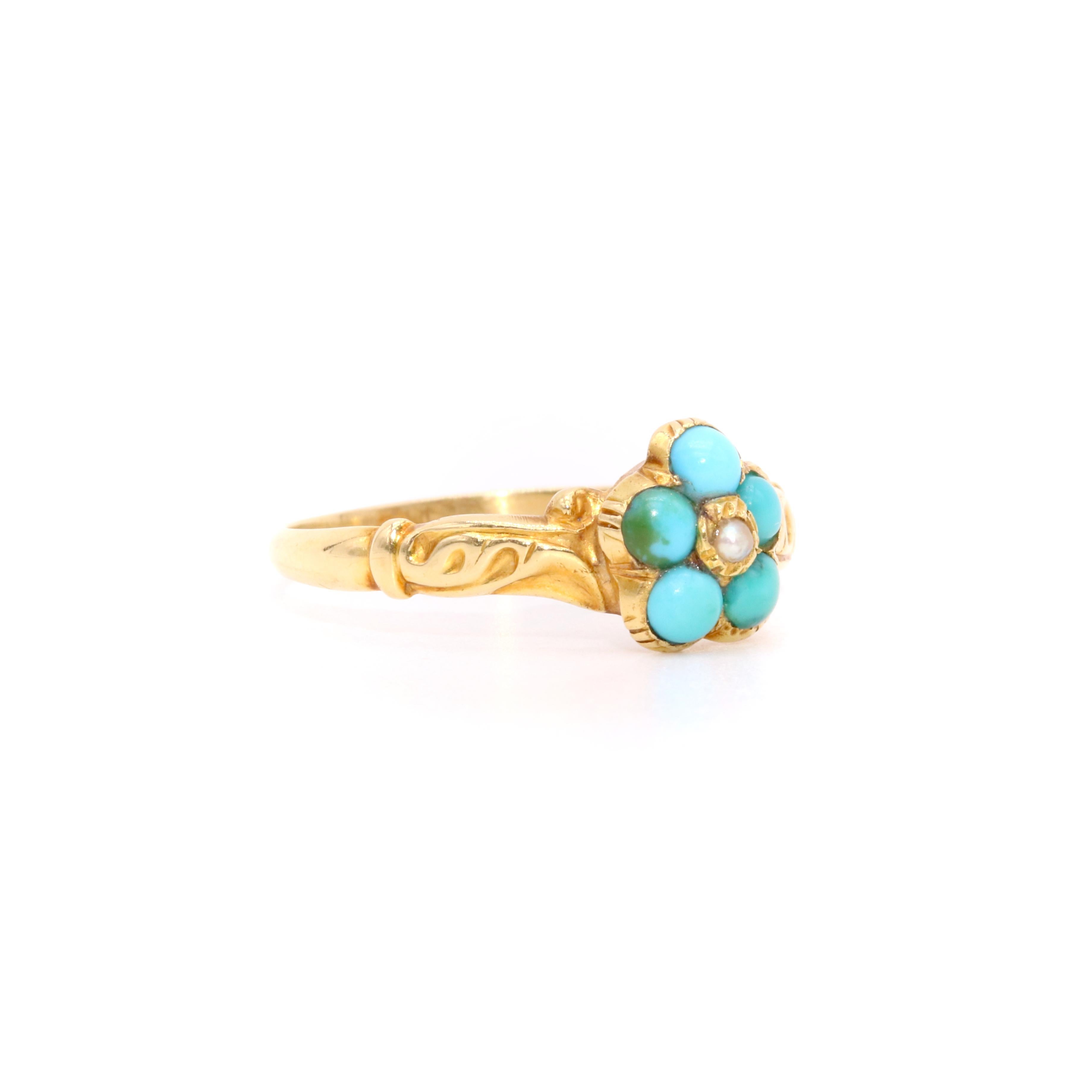 Cabochon Antique Georgian 1830s 18K Yellow Gold Turquoise and Pearl Pansy Locket Ring For Sale