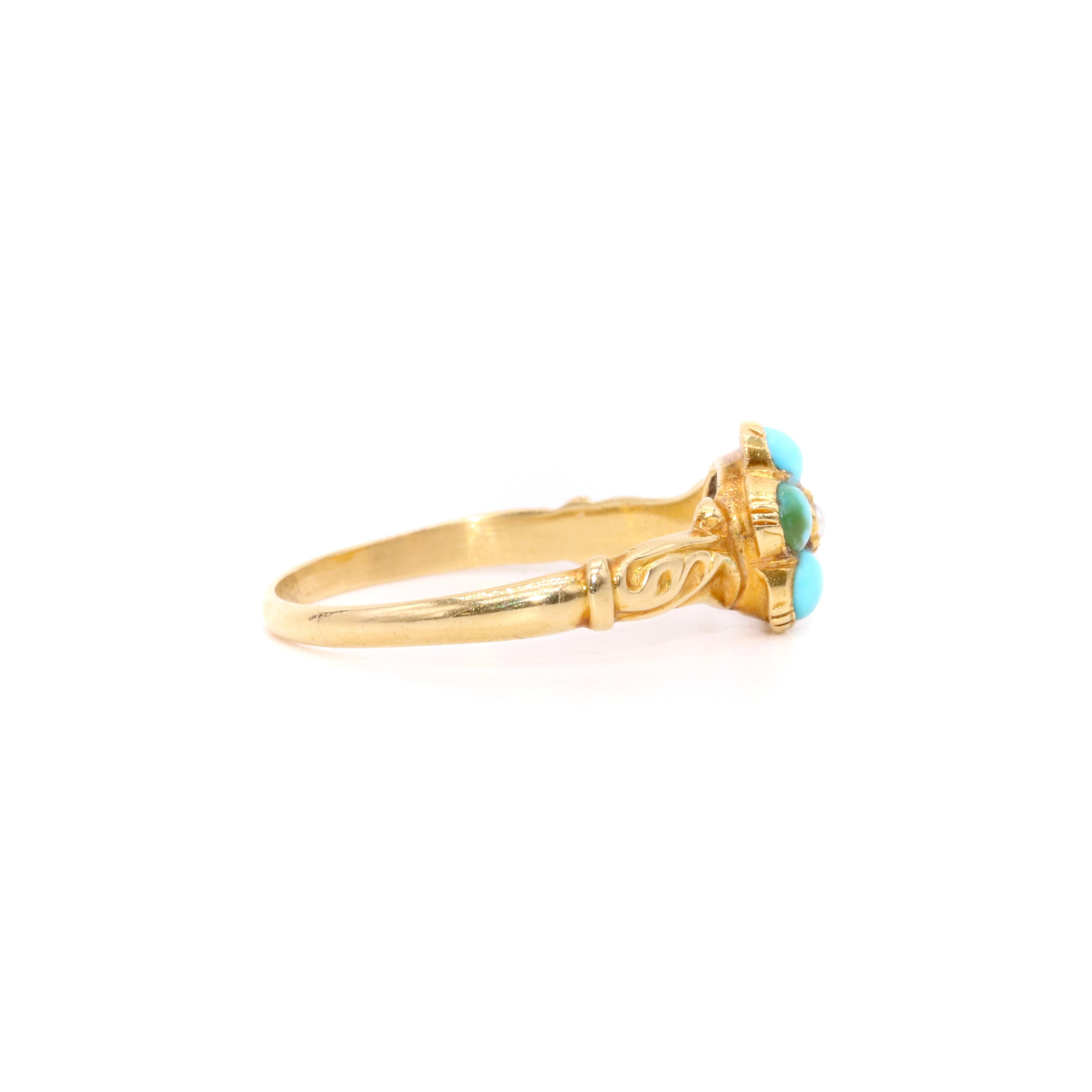 Antique Georgian 1830s 18K Yellow Gold Turquoise and Pearl Pansy Locket Ring In Good Condition For Sale In Staines-Upon-Thames, GB