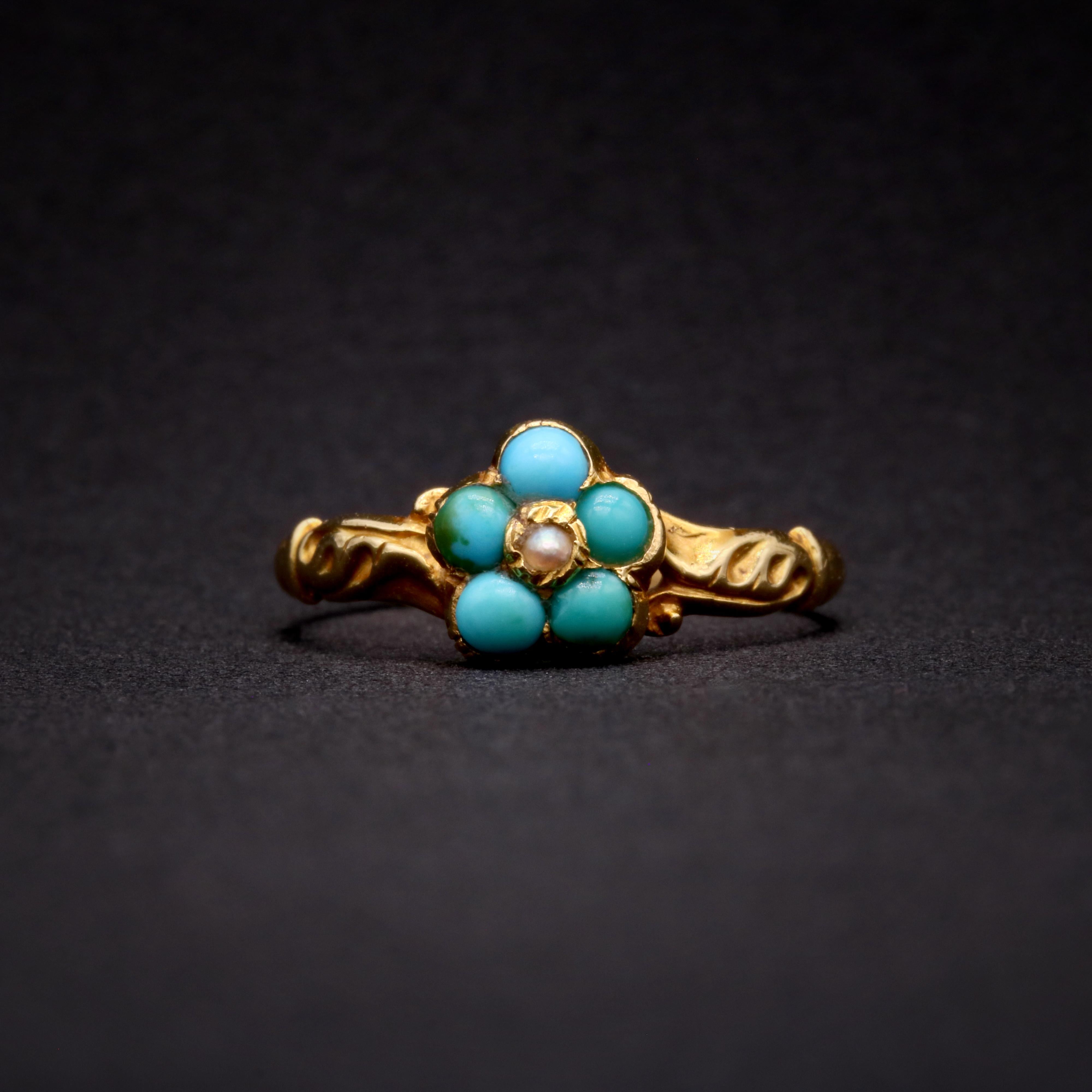 Antique Georgian 1830s 18K Yellow Gold Turquoise and Pearl Pansy Locket Ring For Sale 1