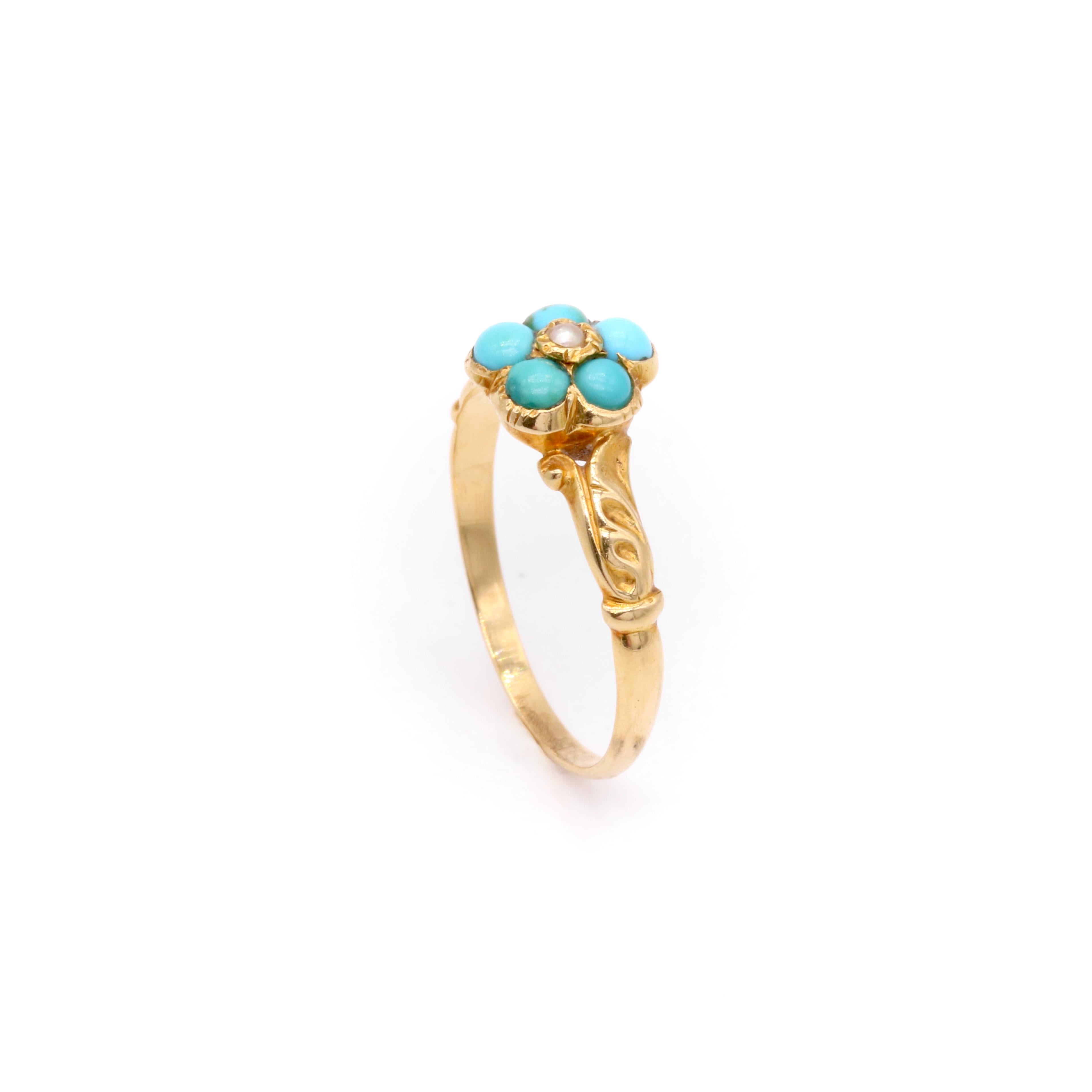 Antique Georgian 1830s 18K Yellow Gold Turquoise and Pearl Pansy Locket Ring For Sale 2