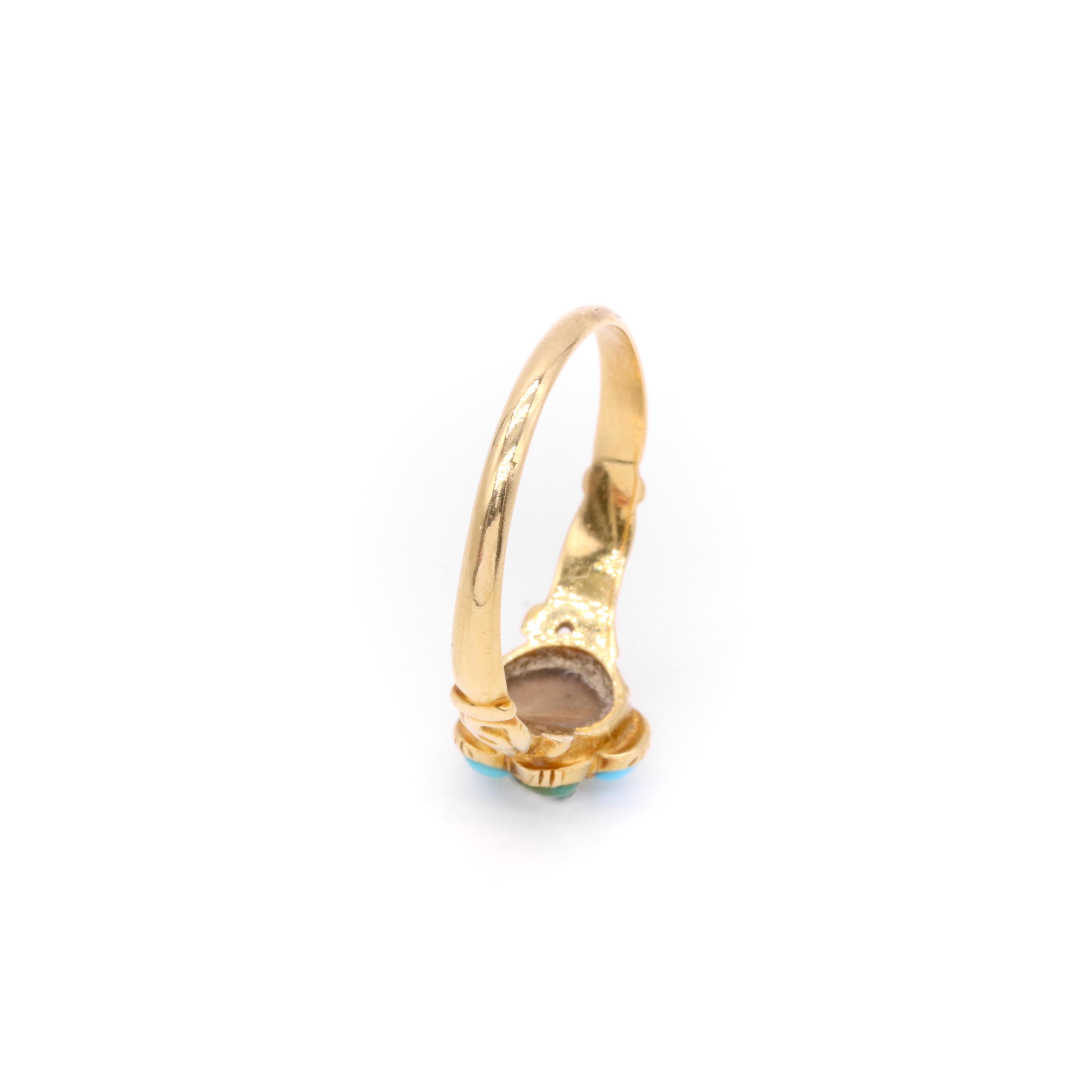 Antique Georgian 1830s 18K Yellow Gold Turquoise and Pearl Pansy Locket Ring For Sale 3