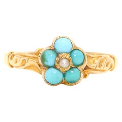 Anello antico georgiano degli anni '30 del XIX secolo in oro giallo 18 carati con turchese e perle a forma di medaglione