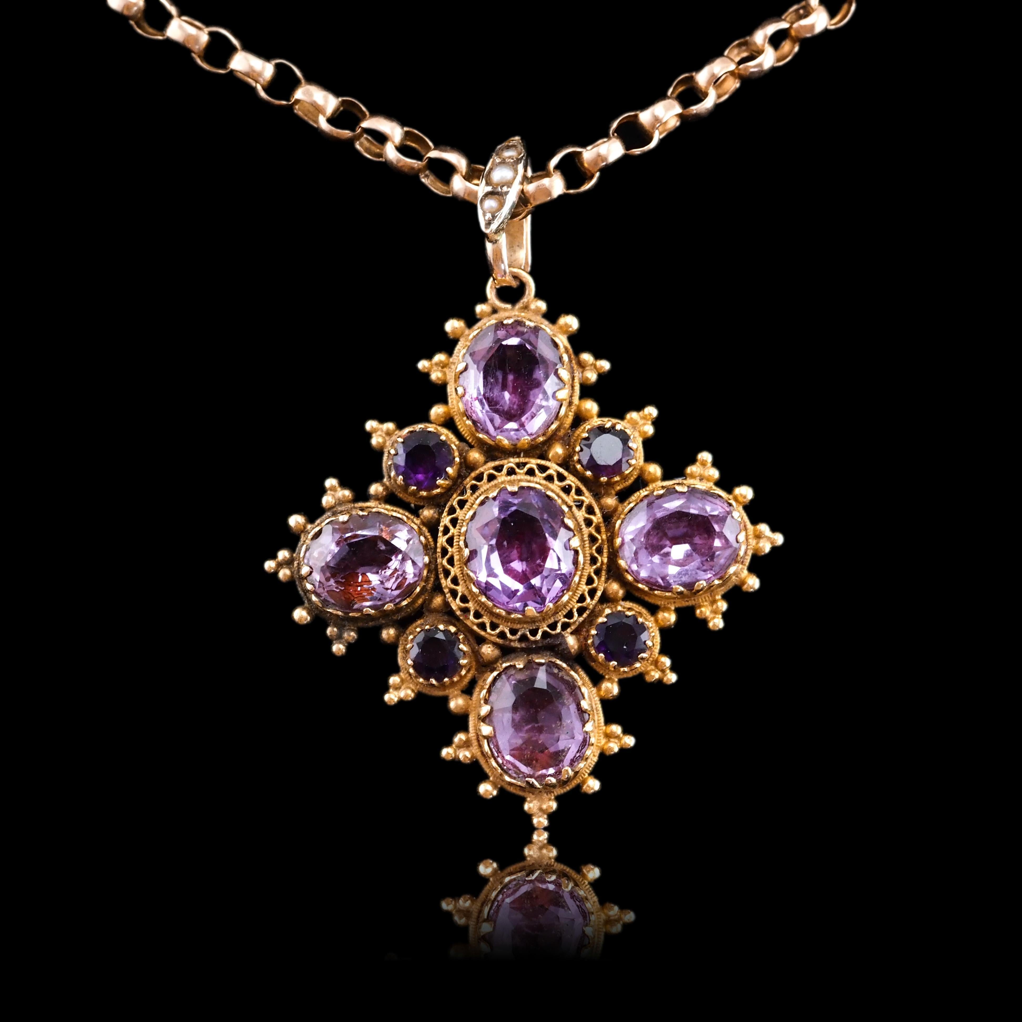 Antique Georgian 18K Gold Amethyst Pendant Necklace Cannetille - c.1820 For Sale 5