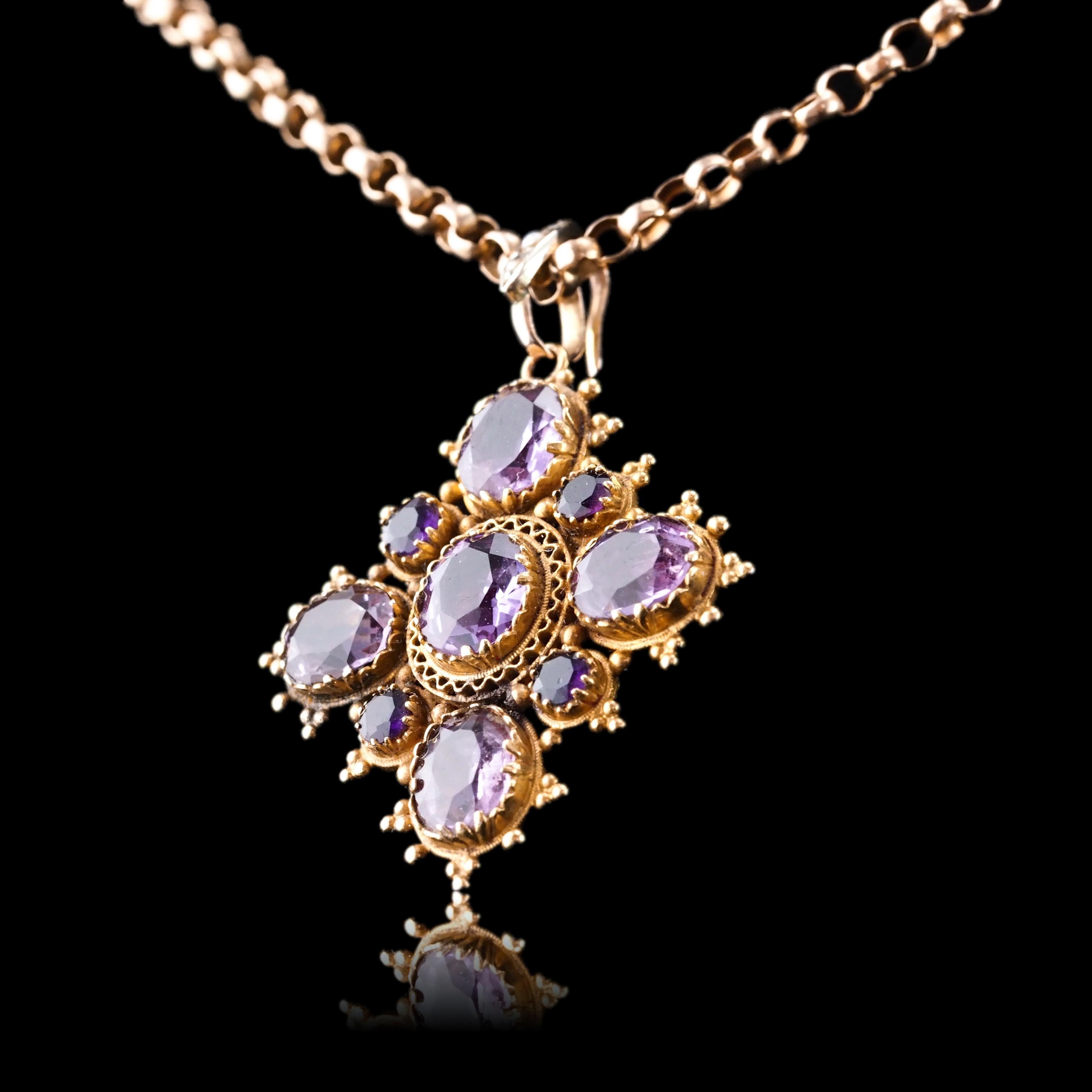 Antique Georgian 18K Gold Amethyst Pendant Necklace Cannetille - c.1820 For Sale 6