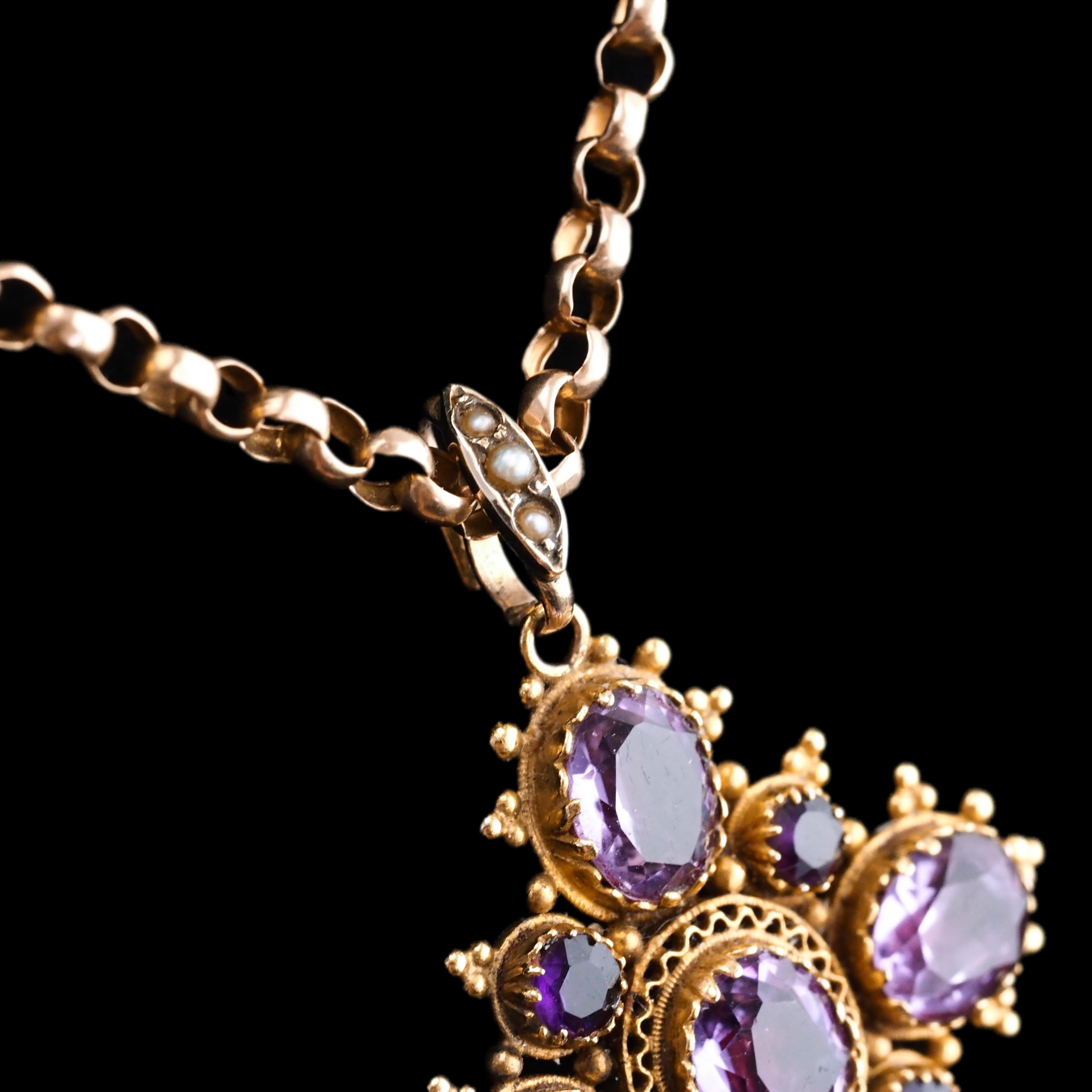 Antique Georgian 18K Gold Amethyst Pendant Necklace Cannetille - c.1820 For Sale 7