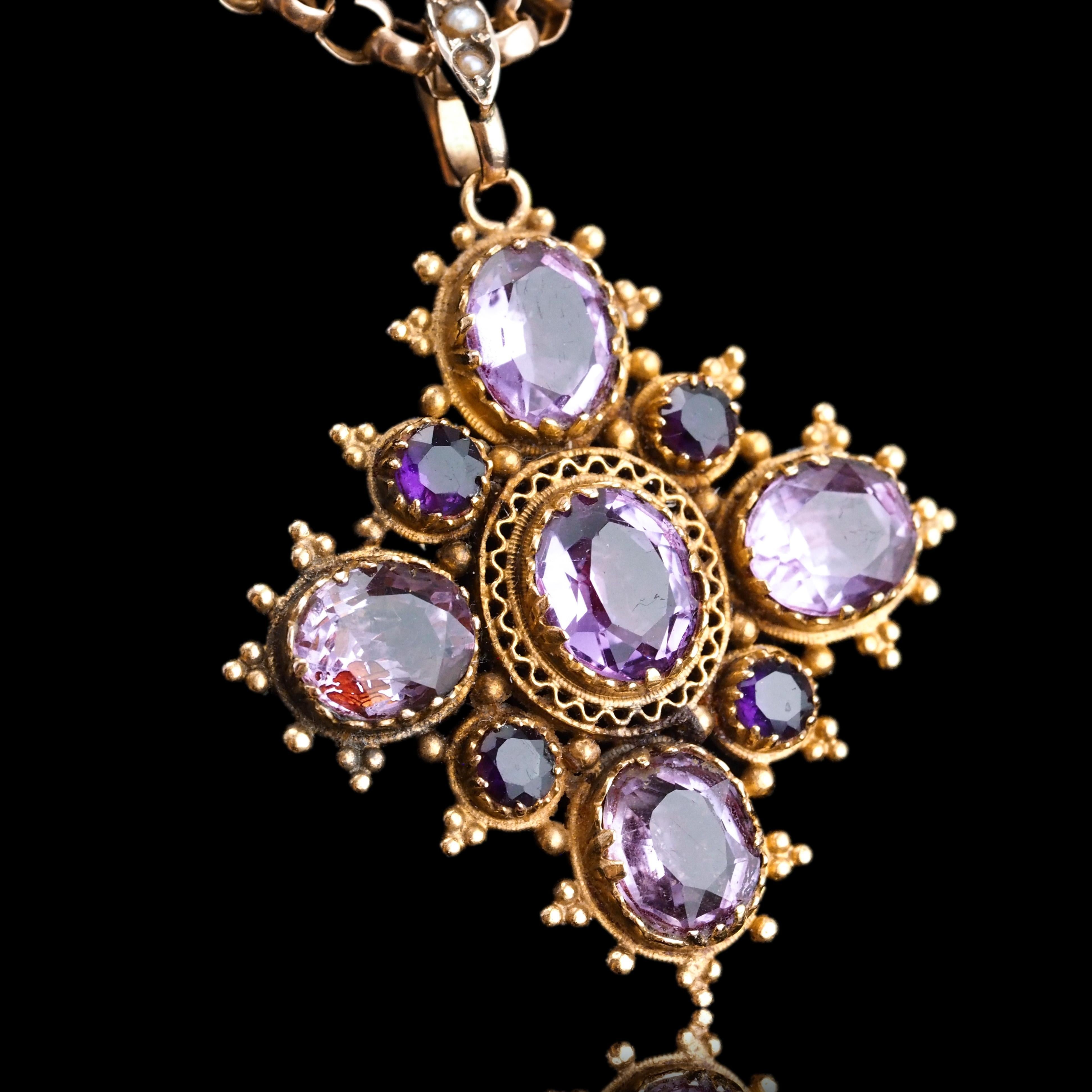 Antique Georgian 18K Gold Amethyst Pendant Necklace Cannetille - c.1820 For Sale 8