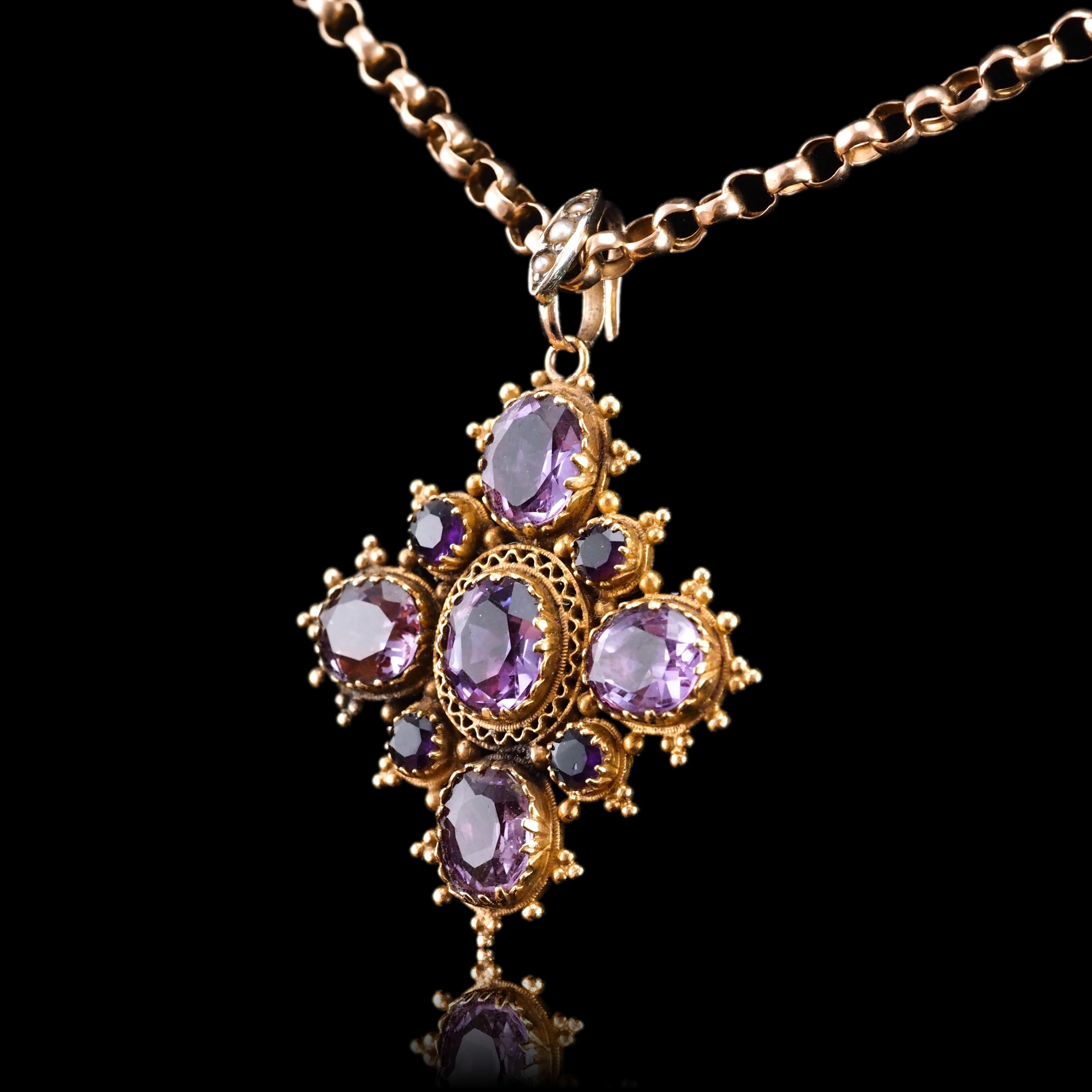 Antique Georgian 18K Gold Amethyst Pendant Necklace Cannetille - c.1820 For Sale 9
