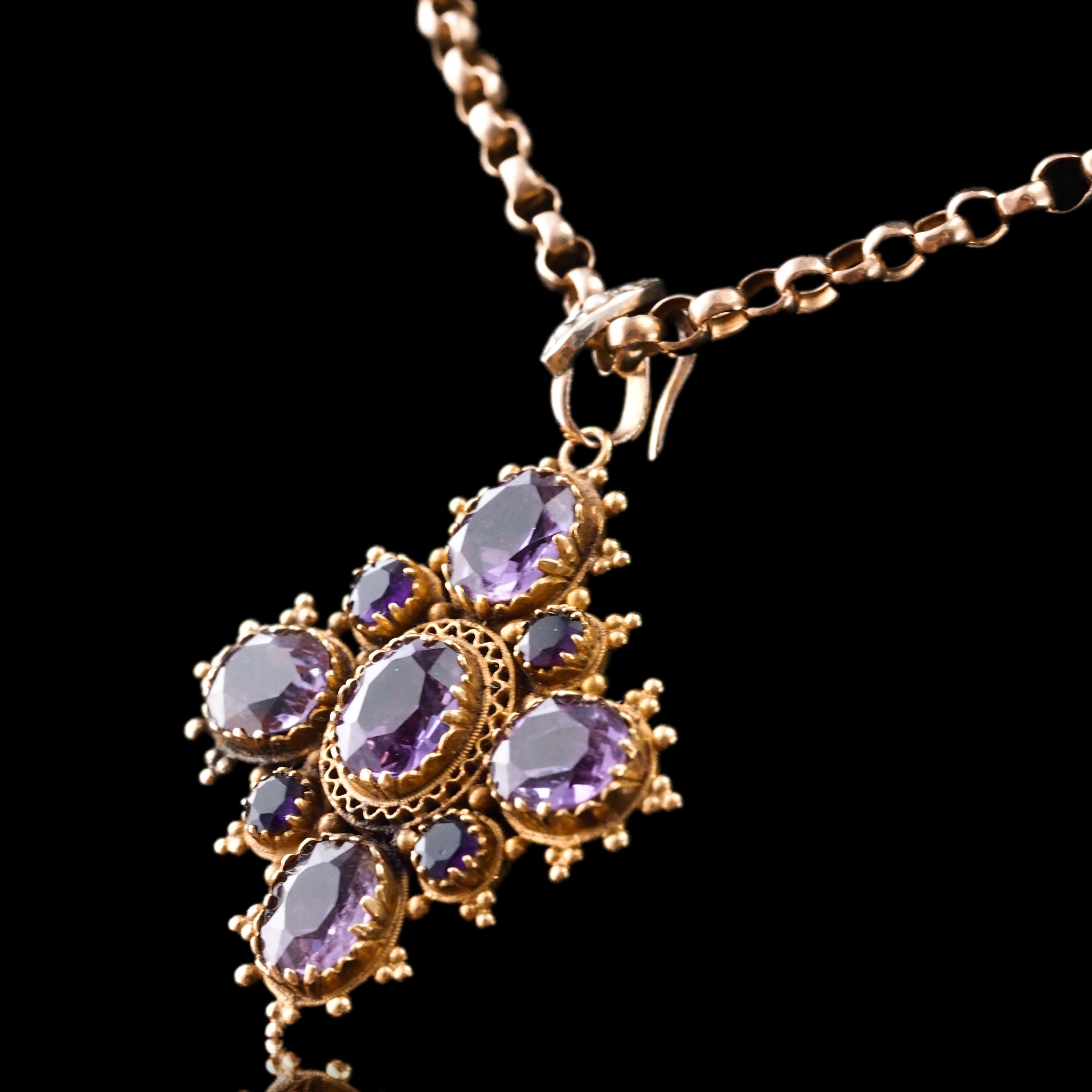 Antique Georgian 18K Gold Amethyst Pendant Necklace Cannetille - c.1820 For Sale 10