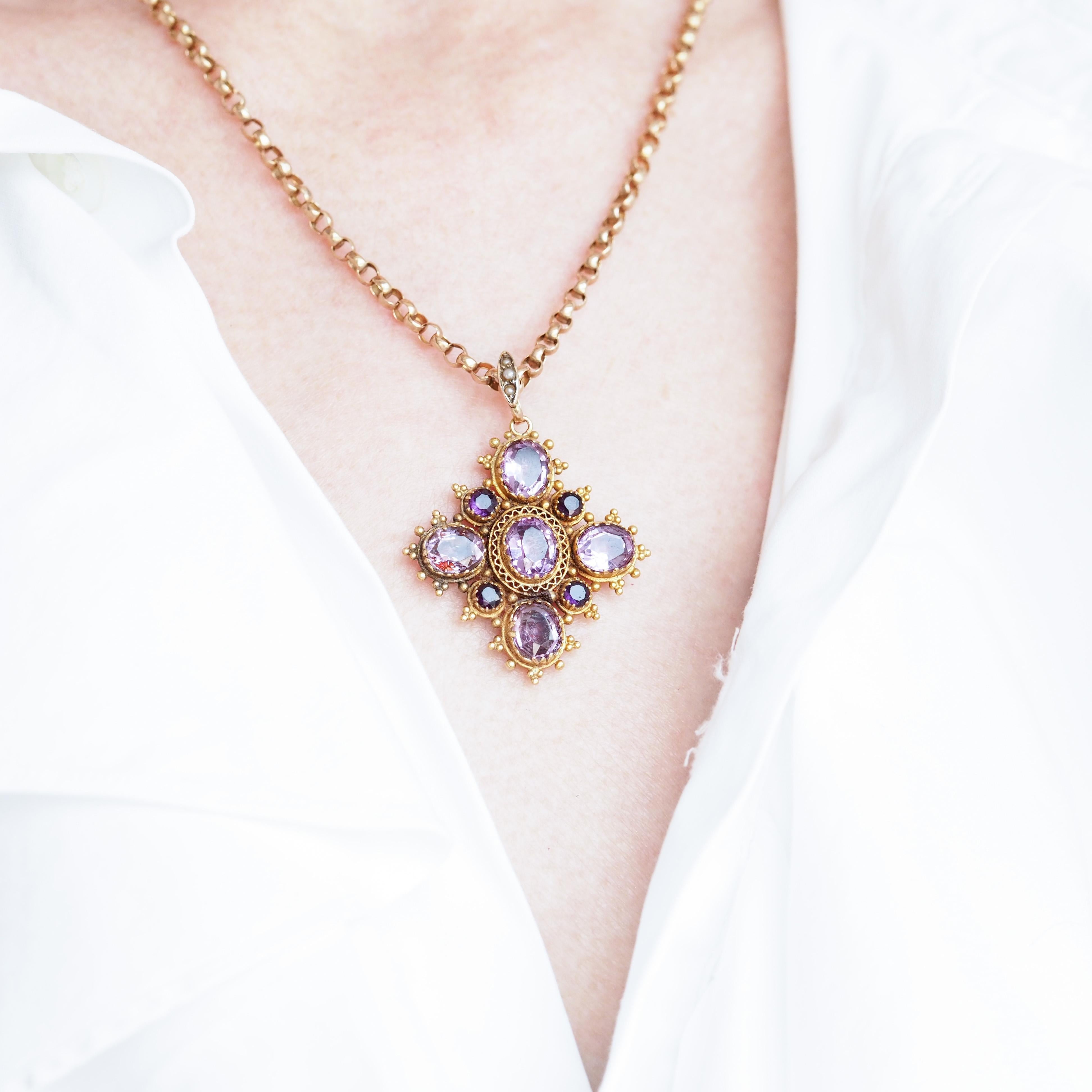 Antique Georgian 18K Gold Amethyst Pendant Necklace Cannetille - c.1820 For Sale 11