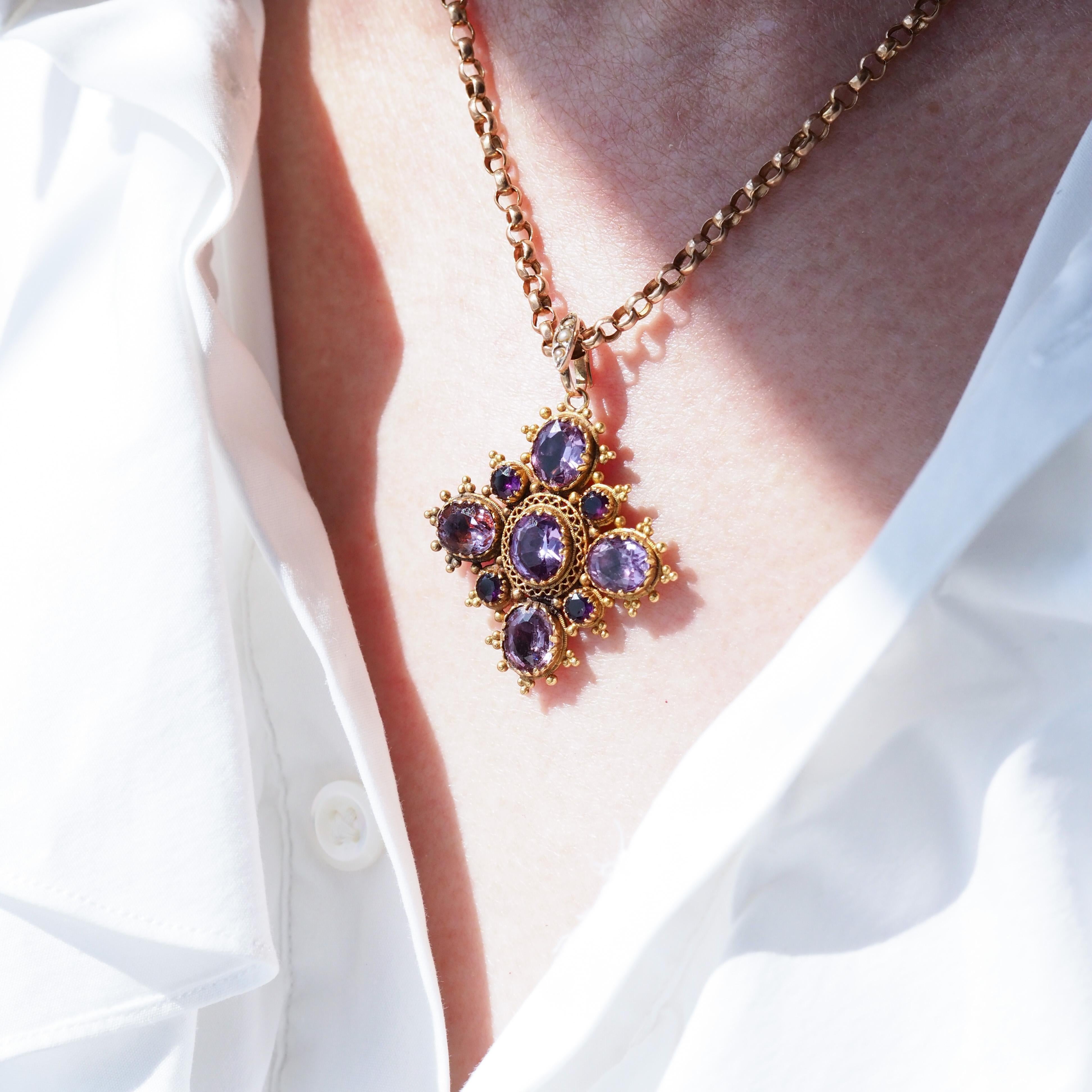 Antique Georgian 18K Gold Amethyst Pendant Necklace Cannetille - c.1820 For Sale 13