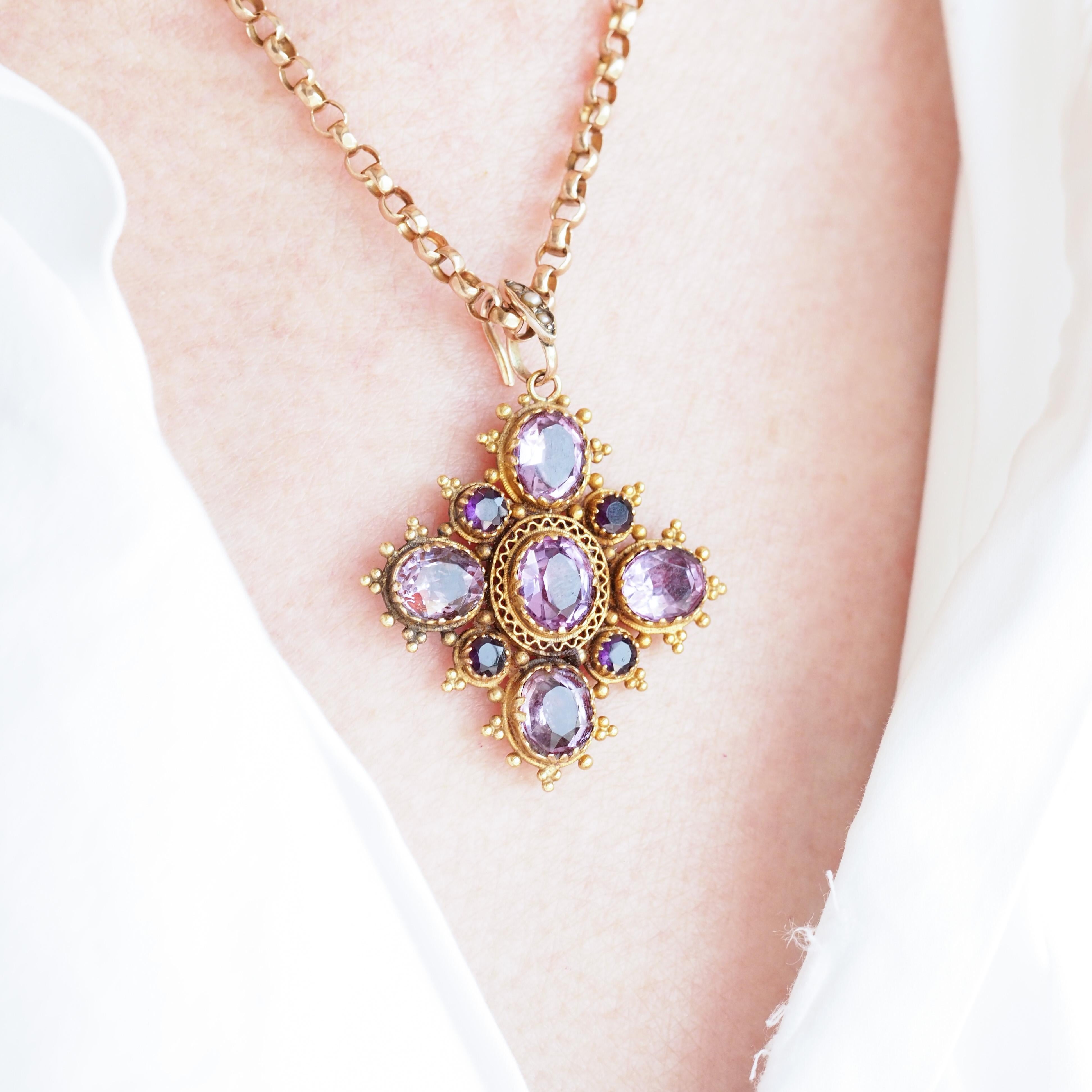 Oval Cut Antique Georgian 18K Gold Amethyst Pendant Necklace Cannetille - c.1820 For Sale