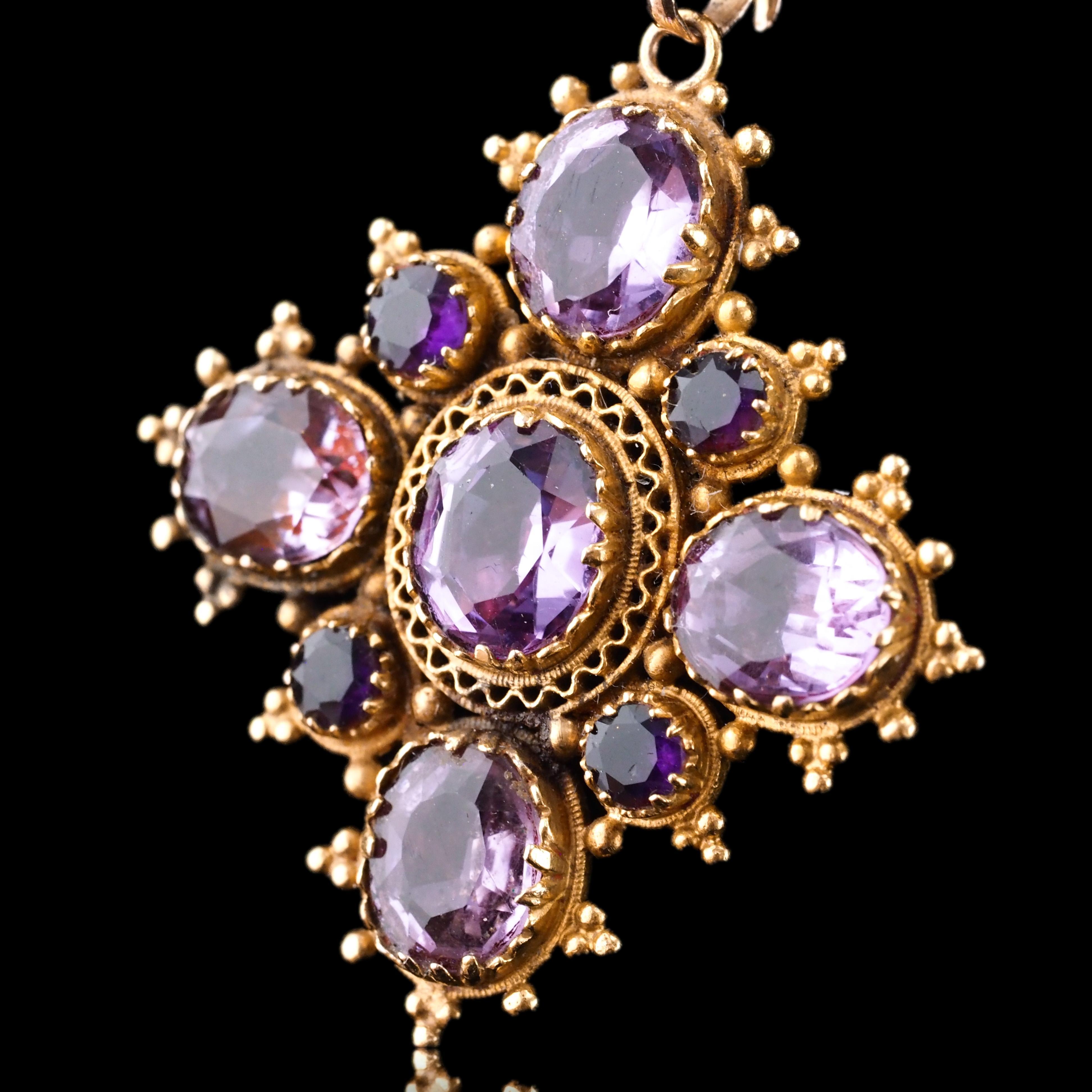 Women's Antique Georgian 18K Gold Amethyst Pendant Necklace Cannetille - c.1820 For Sale
