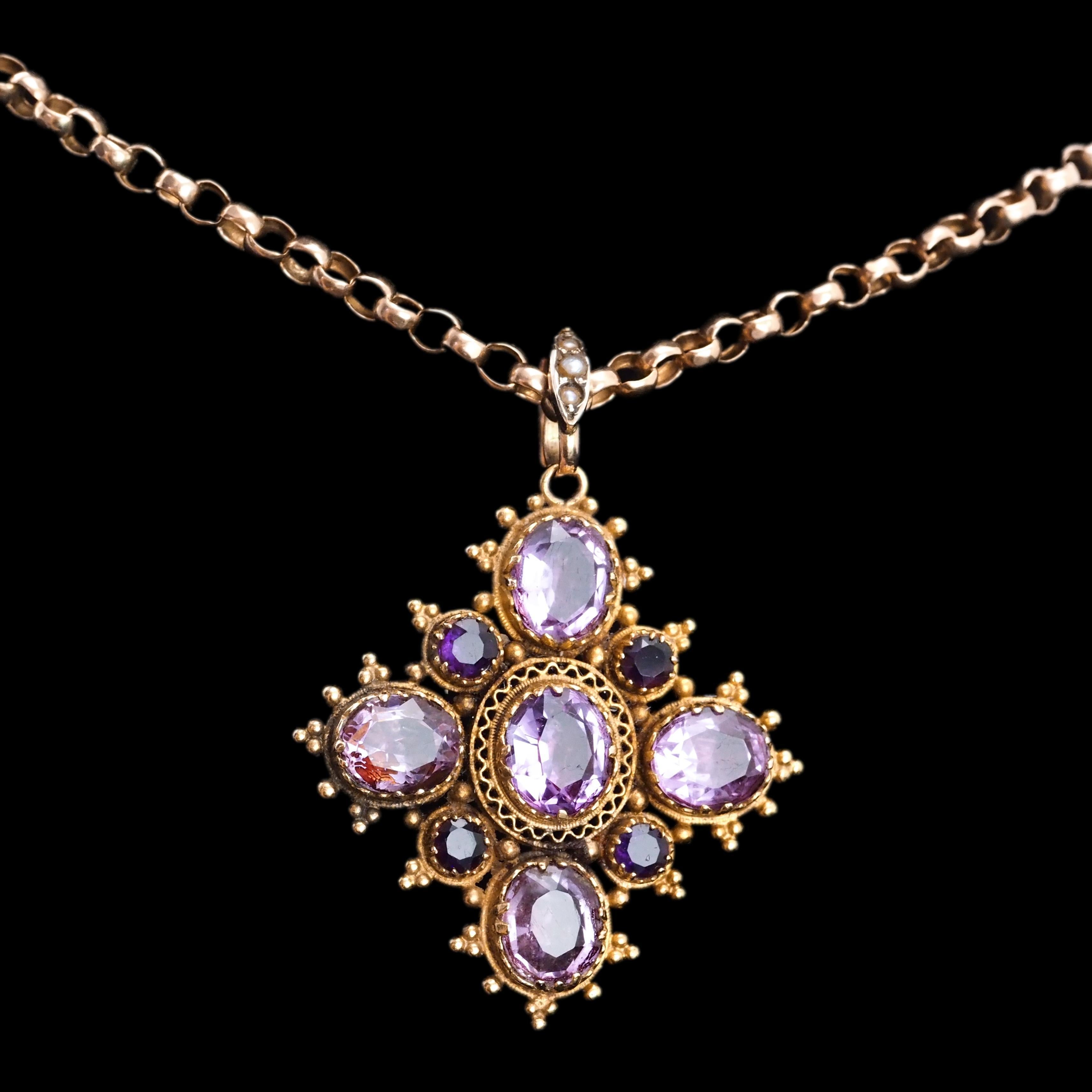 Antique Georgian 18K Gold Amethyst Pendant Necklace Cannetille - c.1820 For Sale 1