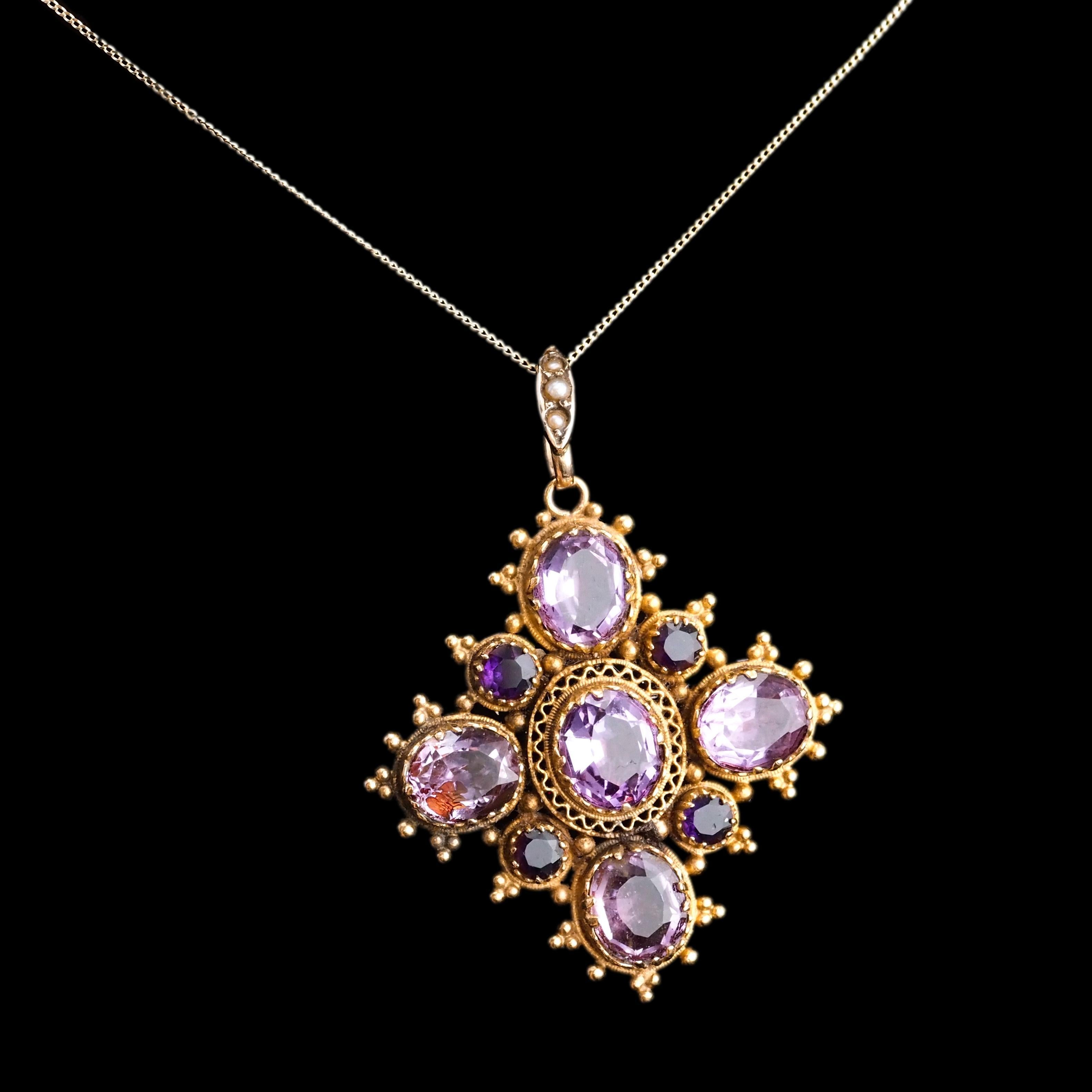 Antique Georgian 18K Gold Amethyst Pendant Necklace Cannetille - c.1820 For Sale 2