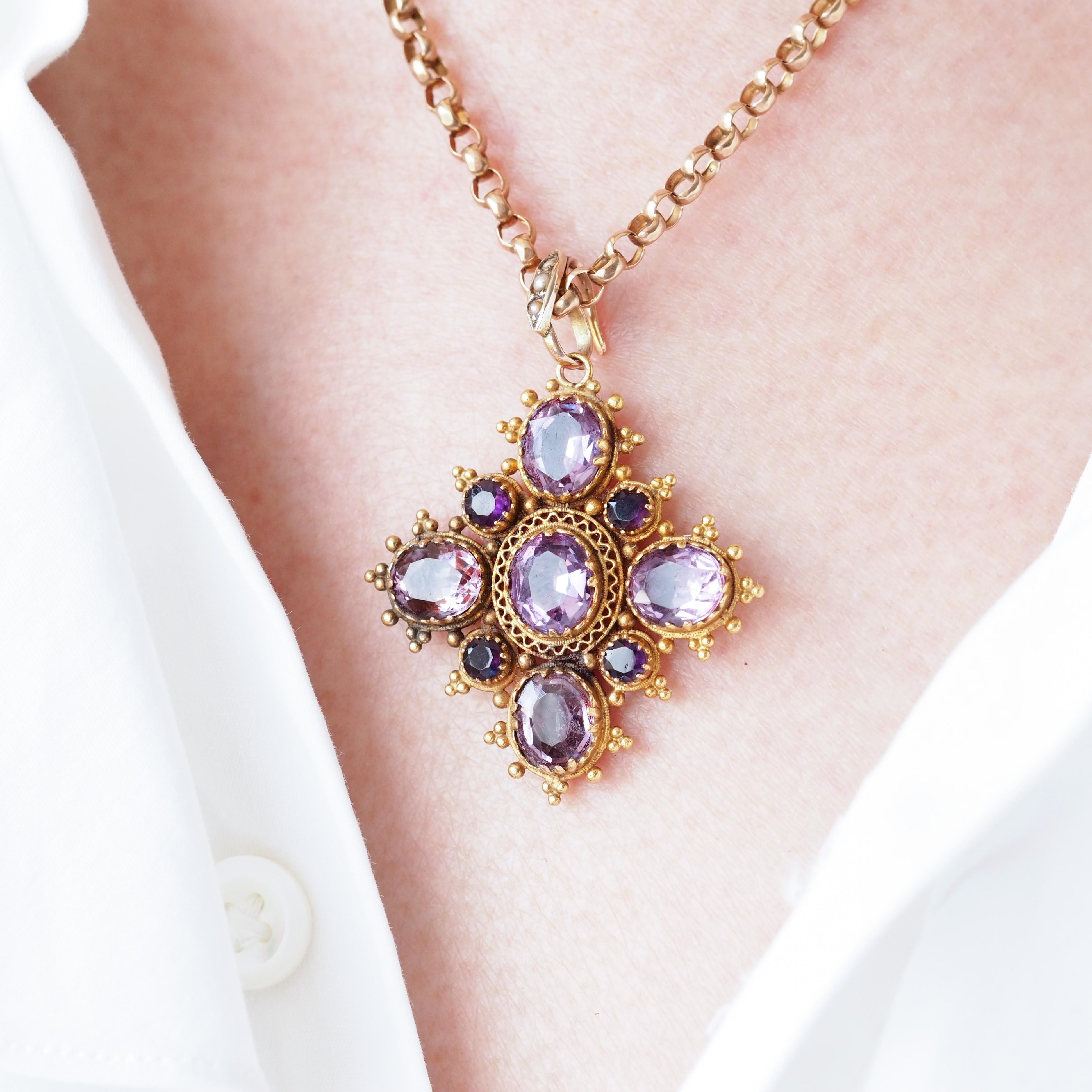Antique Georgian 18K Gold Amethyst Pendant Necklace Cannetille - c.1820 For Sale 3
