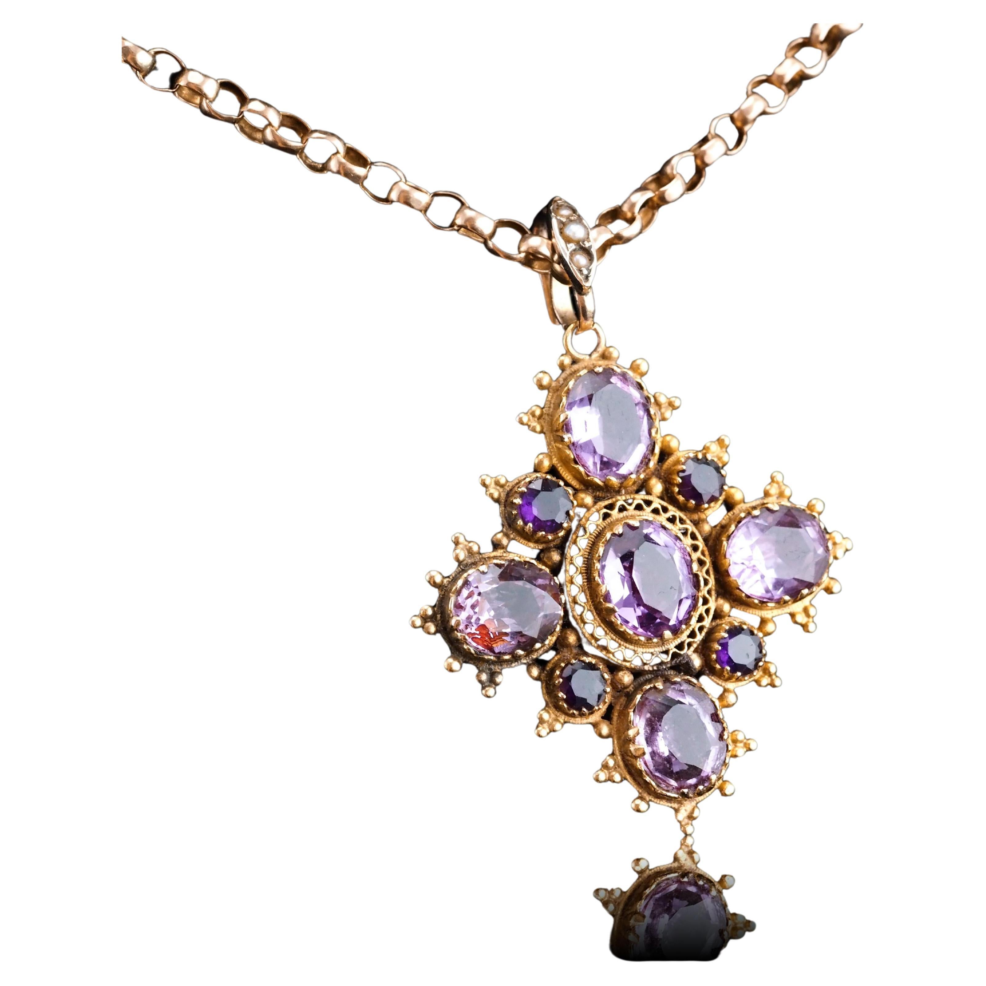 Antiguo collar georgiano de oro de 18 quilates con colgante de amatista Cannetille - c.1820